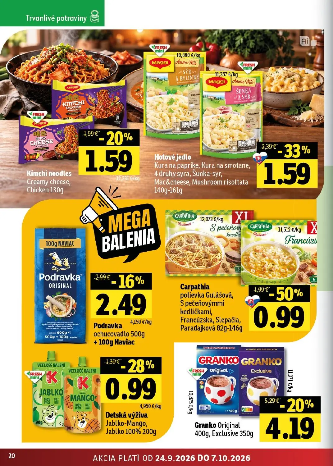 Fresh východ leták, strana 20 z 50 — Granko Original, Exclusive, Carpathia polievka Gulášová, S pečeňovými kedličkami, Franc…