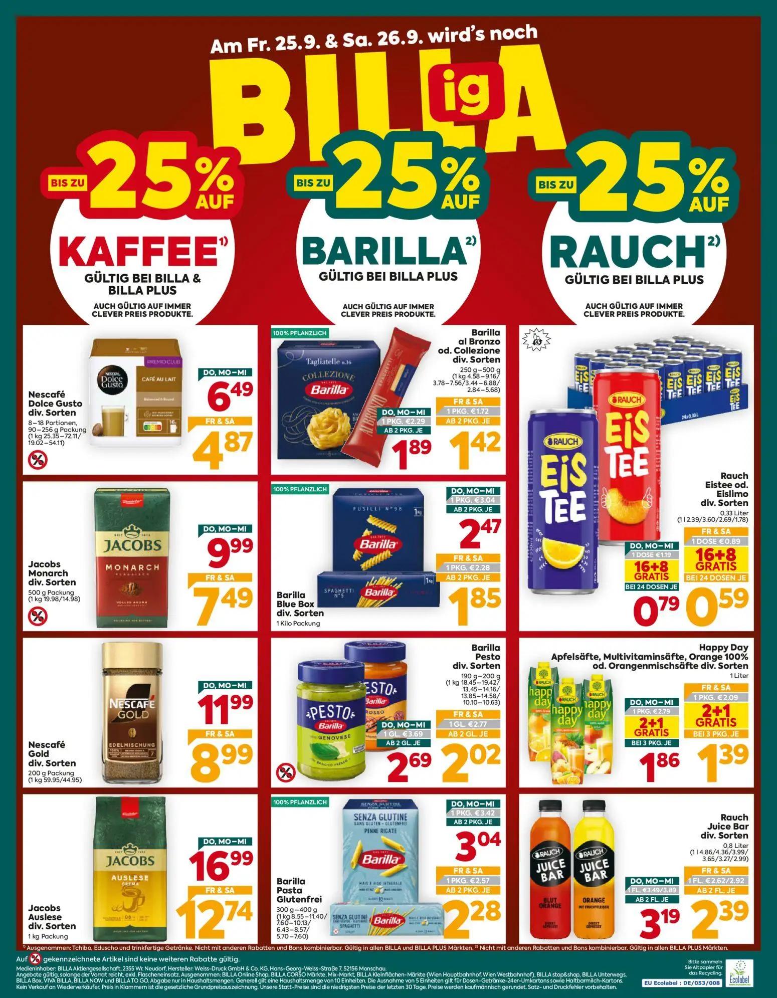 Billa Plus Prospekt, Seite 16 von 16 — Jacobs Auslese div. Sorten, Nescafé Gold div. Sorten, Jacobs Monarch div. Sorten