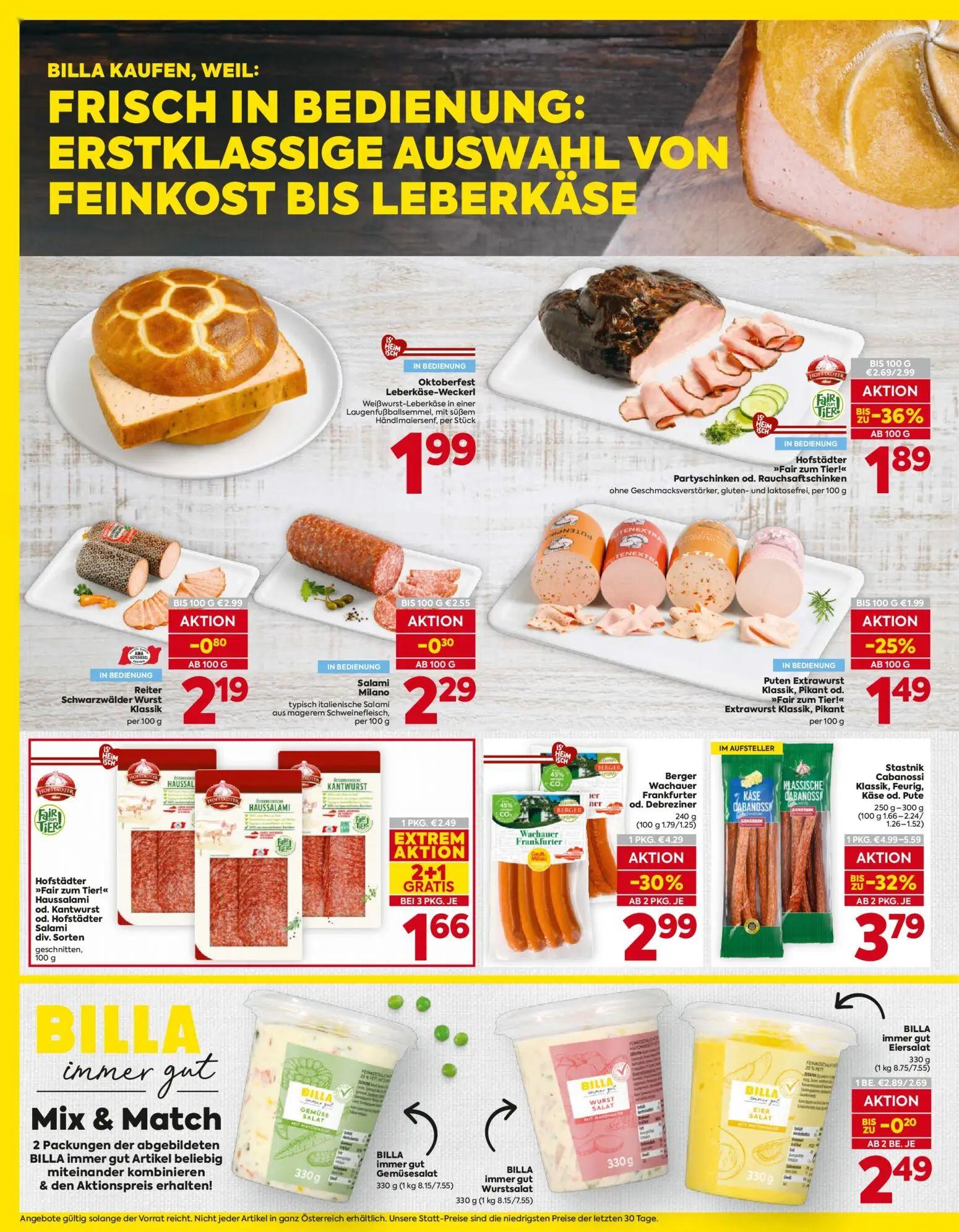 Billa Prospekt, Seite 10 von 16 — Berger Wachauer Frankfurter od. Debreziner, Stastnik Cabanossi Klassik, Feurig, Käse od. P…