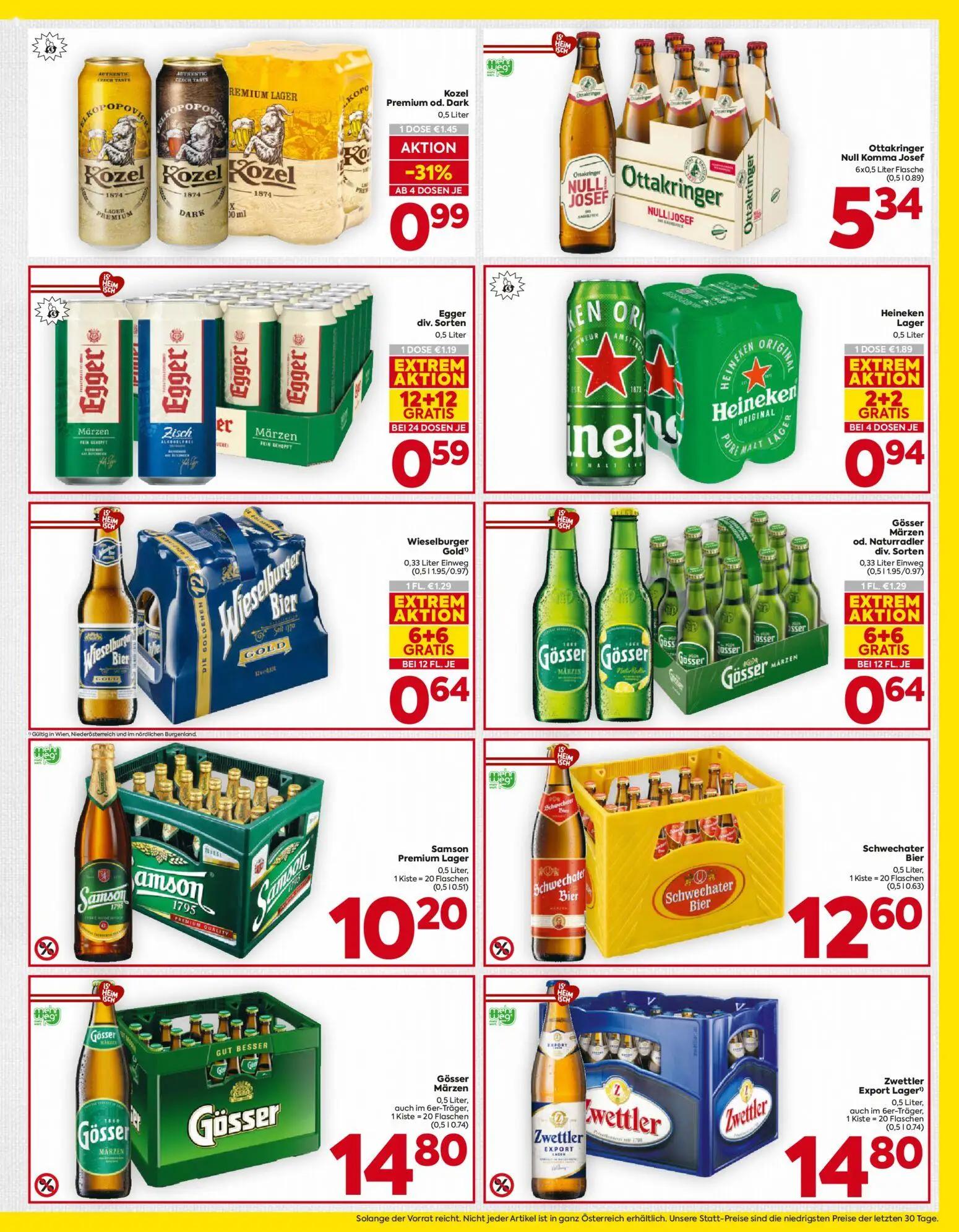Billa Prospekt, Seite 13 von 16 — Heineken Lager, Wieselburger Gold, Gösser Märzen od. Naturradler div. Sorten