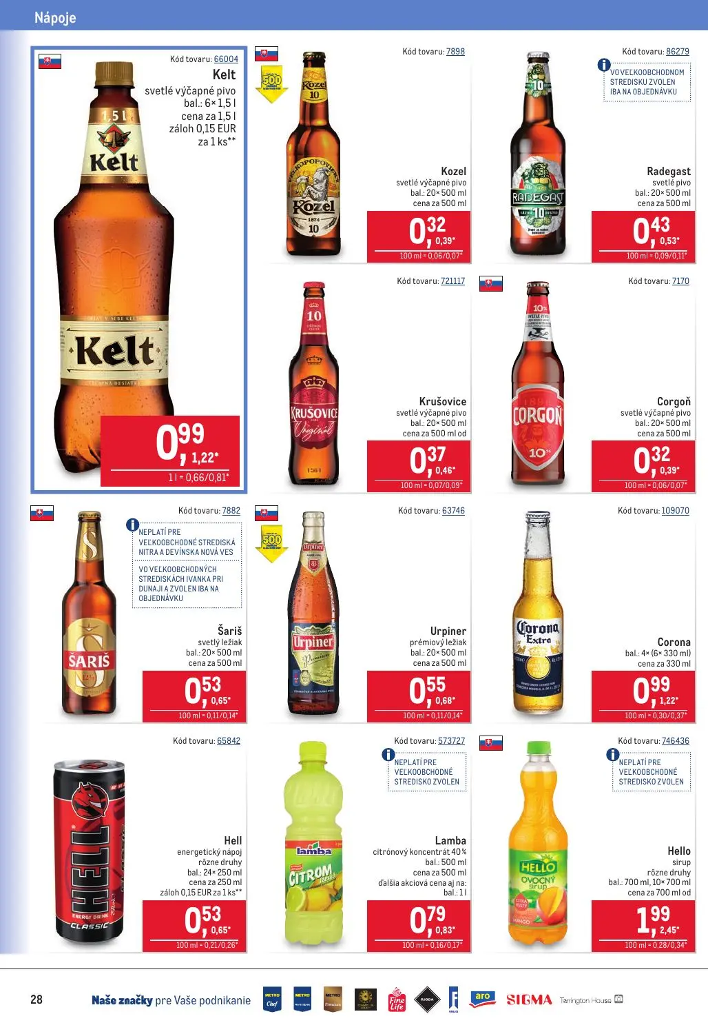 Metro leták, strana 28 z 40 — Hello sirup rôzne druhy, Kelt svetlé výčapné pivo, Corona