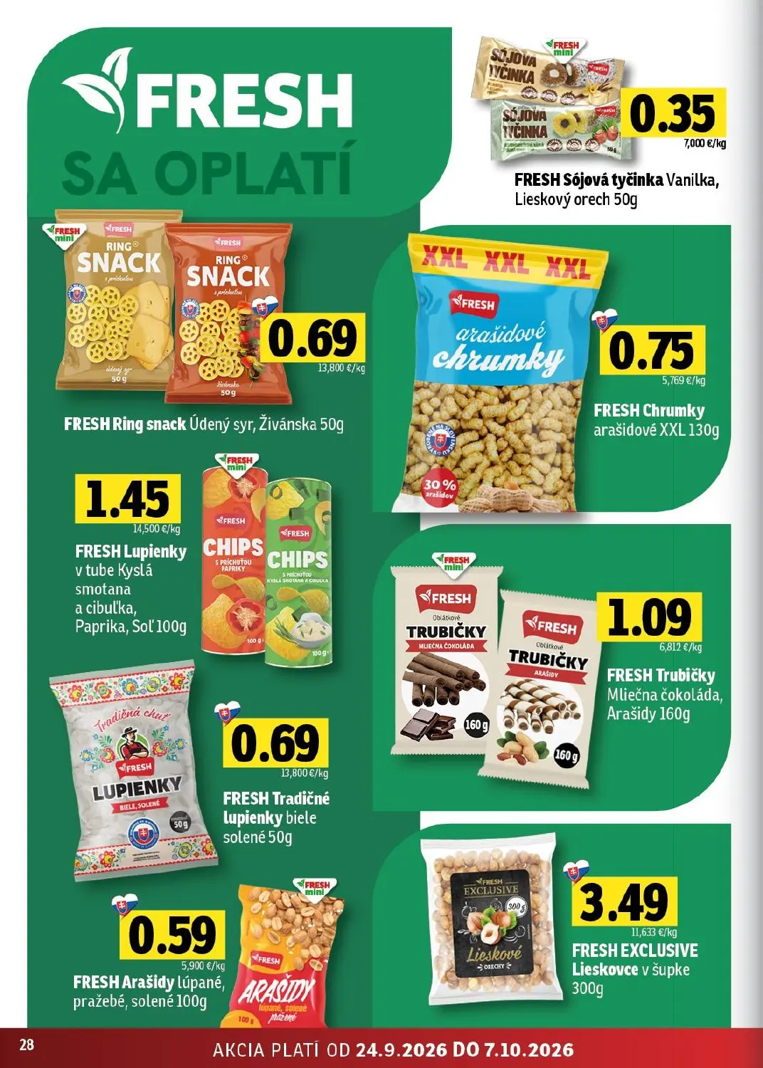 Fresh - západ leták, strana 28 z 44 — FRESH Sójová tyčinka Vanilka, Lieskový orech, FRESH Ring snack Údený syr, Živánska, FR…