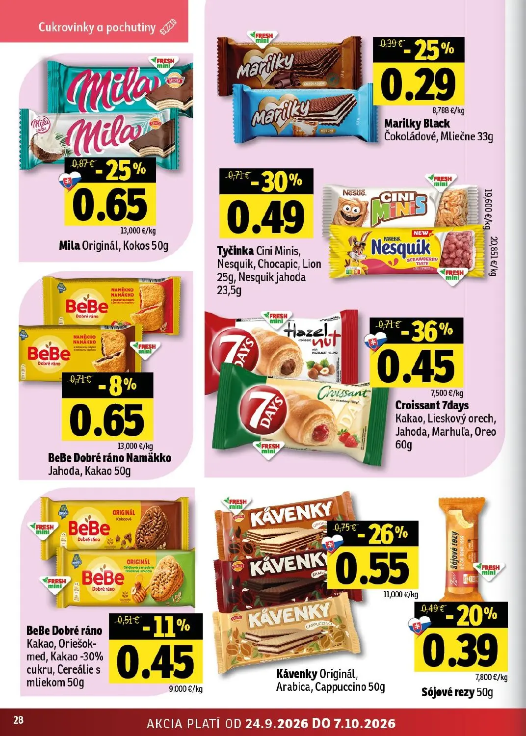 Fresh východ leták, strana 28 z 50 — Croissant 7days Kakao, Lieskový orech, Jahoda, Marhuľa, Oreo, Mila Originál, Kokos, Tyč…