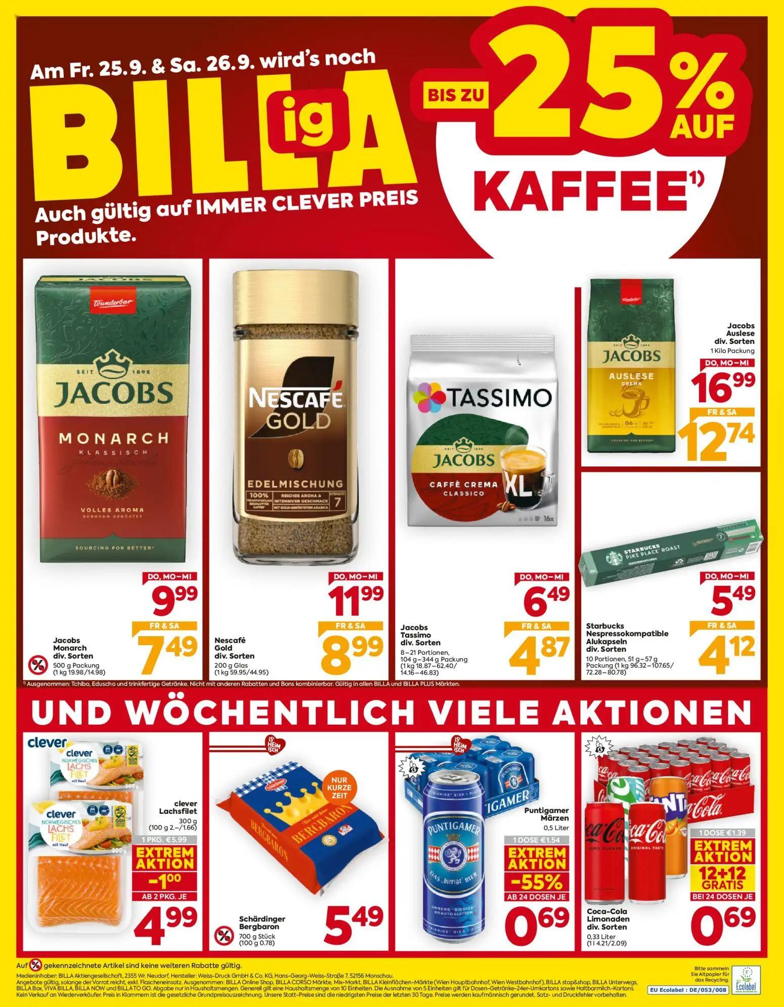 Billa Prospekt, Seite 16 von 16 — Jacobs Auslese div. Sorten, Nescafé Gold div. Sorten, Jacobs Monarch div. Sorten