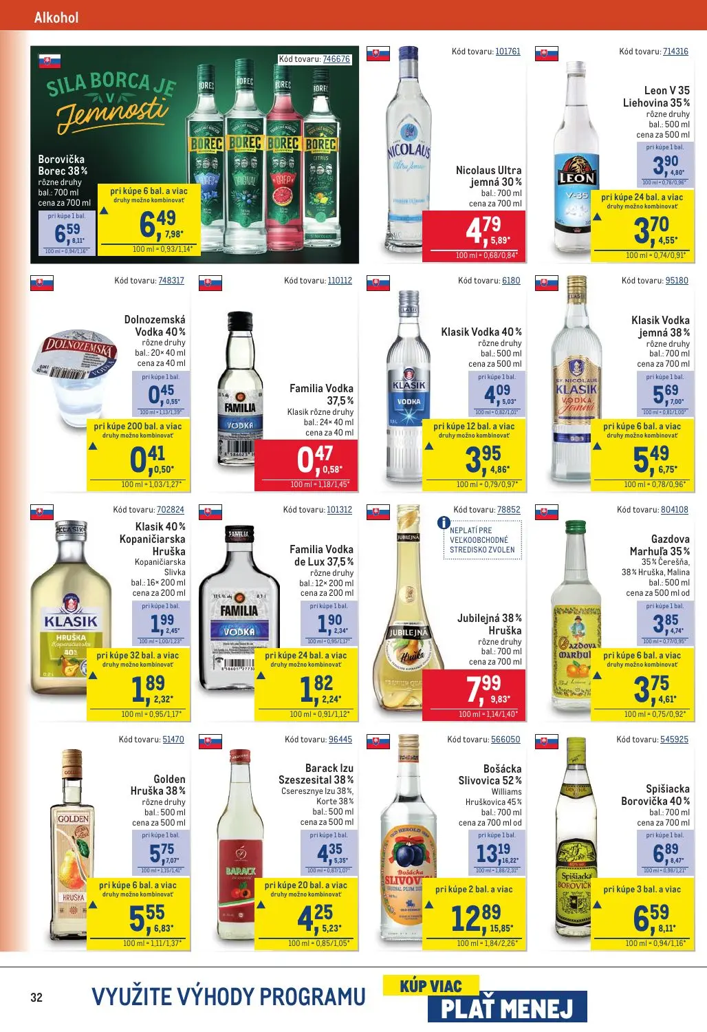 Metro leták, strana 32 z 40 — Bošácka Slivovica 52% Williams Hruškovica 45% bal.: 700 ml cena za 700 ml od, Spišiacka Borovi…