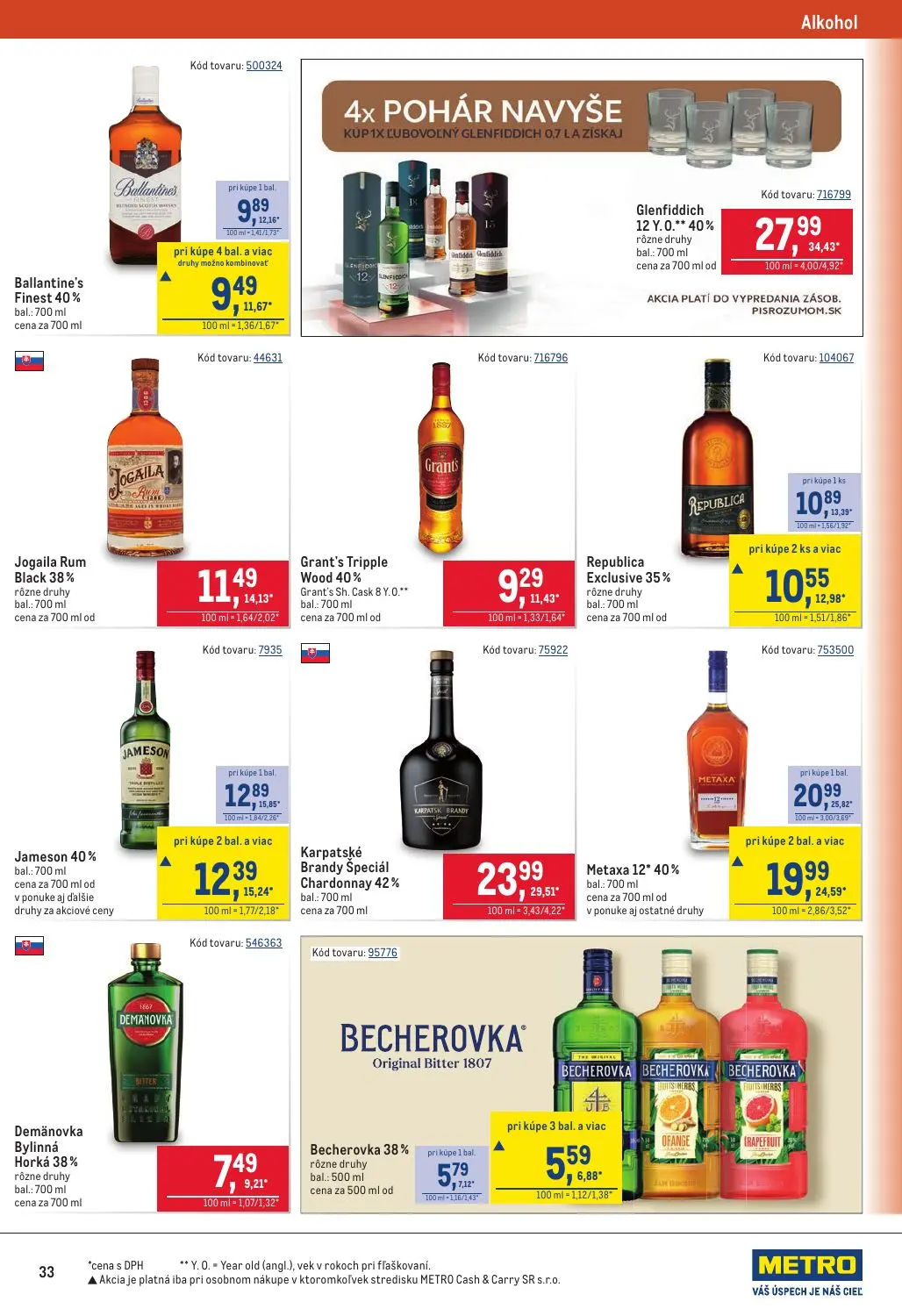 Metro leták, strana 33 z 40 — Metaxa 12° 40%, Jameson 40%, Ballantine's Finest 40%