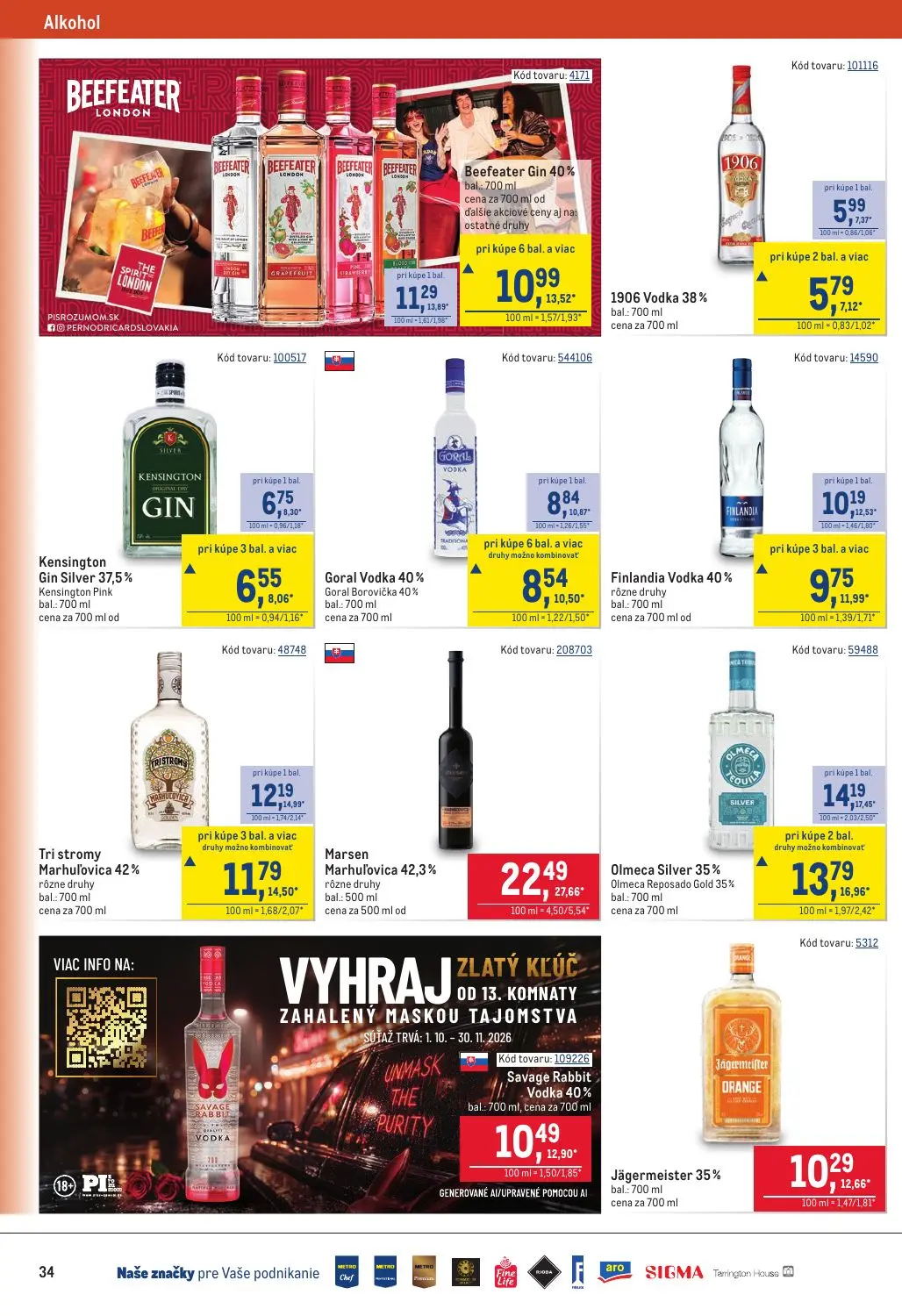 Metro leták, strana 34 z 40 — Marsen Marhuľovica 42,3%, Olmeca Silver 35% Olmeca Reposado Gold 35%, Tri stromy Marhuľovica 4…