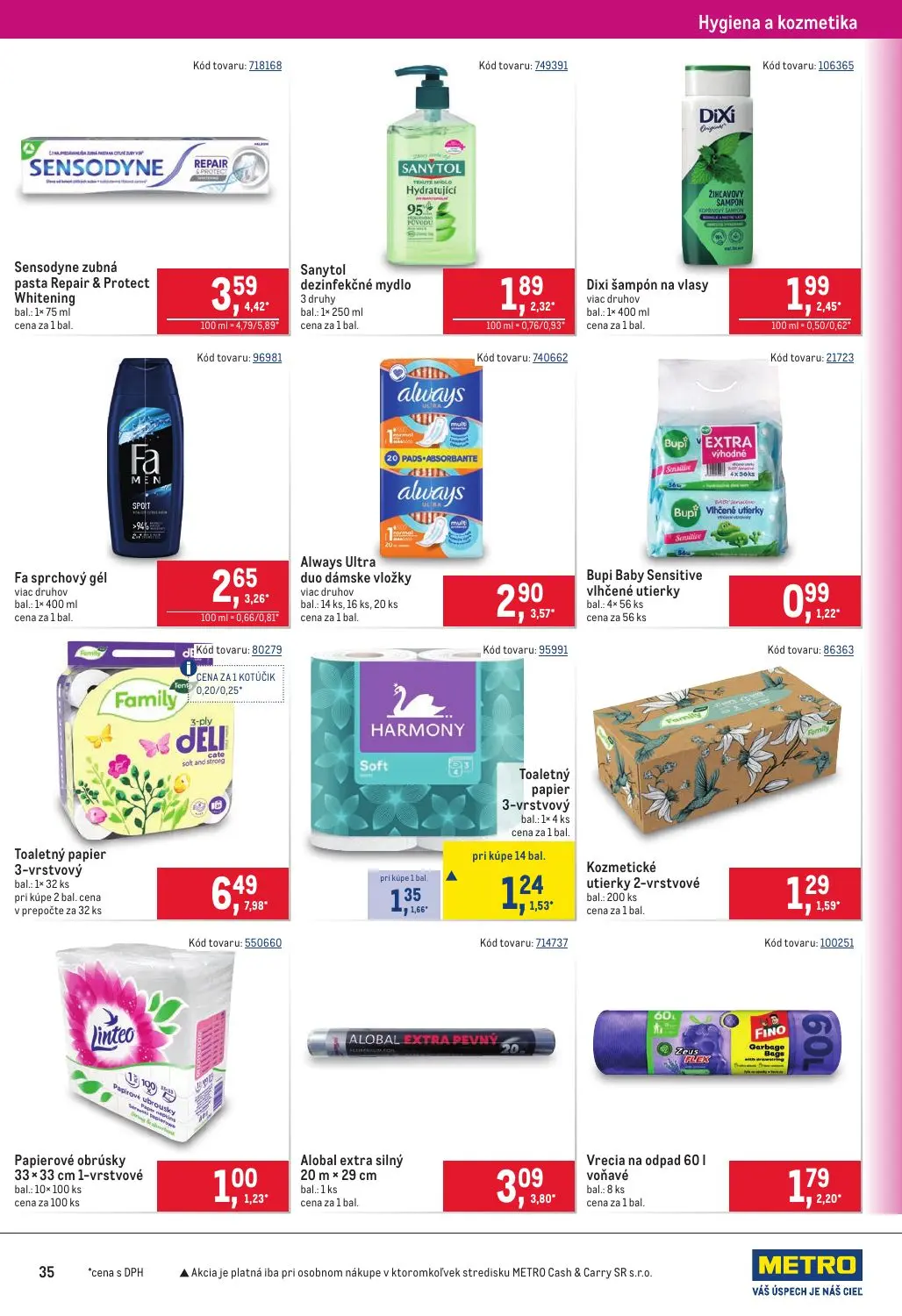 Metro leták, strana 35 z 40 — Toaletný papier 3-vrstvový, Sensodyne zubná pasta Repair & Protect Whitening, Sanytol dezinfek…
