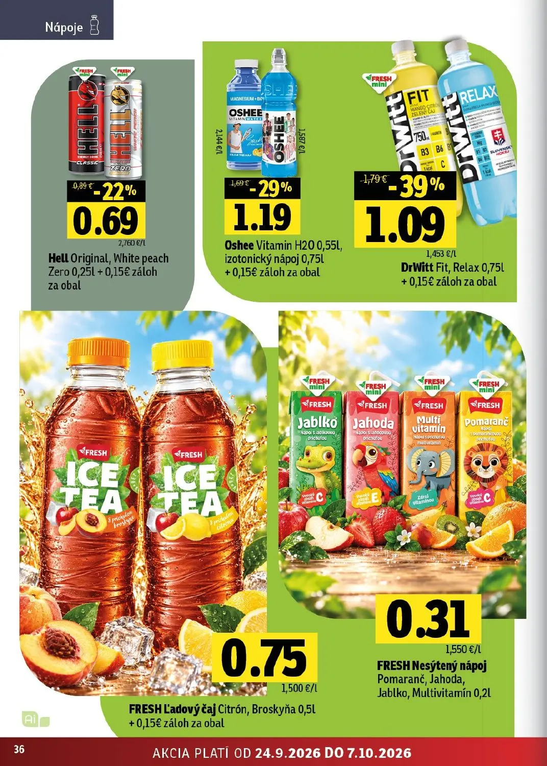Fresh východ leták, strana 36 z 50 — DrWitt Fit, Relax, Oshee Vitamin H20, izotonický nápoj, Hell Original, White peach Zero