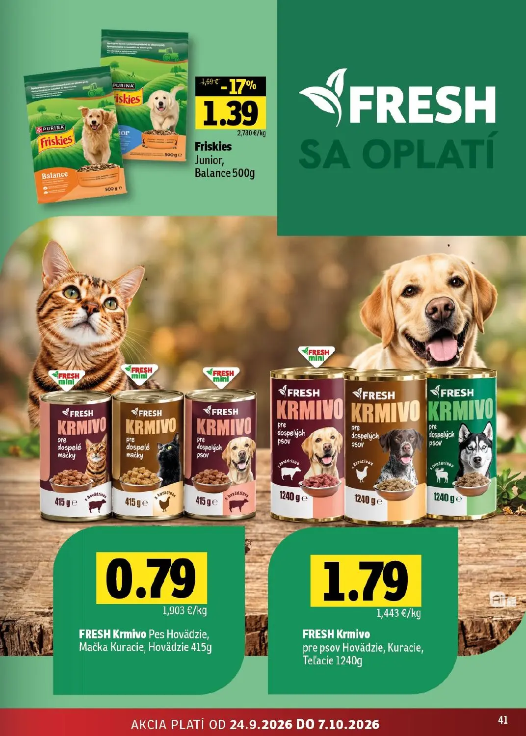Fresh - západ leták, strana 41 z 44 — Friskies Junior, Balance, FRESH Krmivo Pes Hovädzie, Mačka Kuracie, Hovädzie, FRESH Kr…