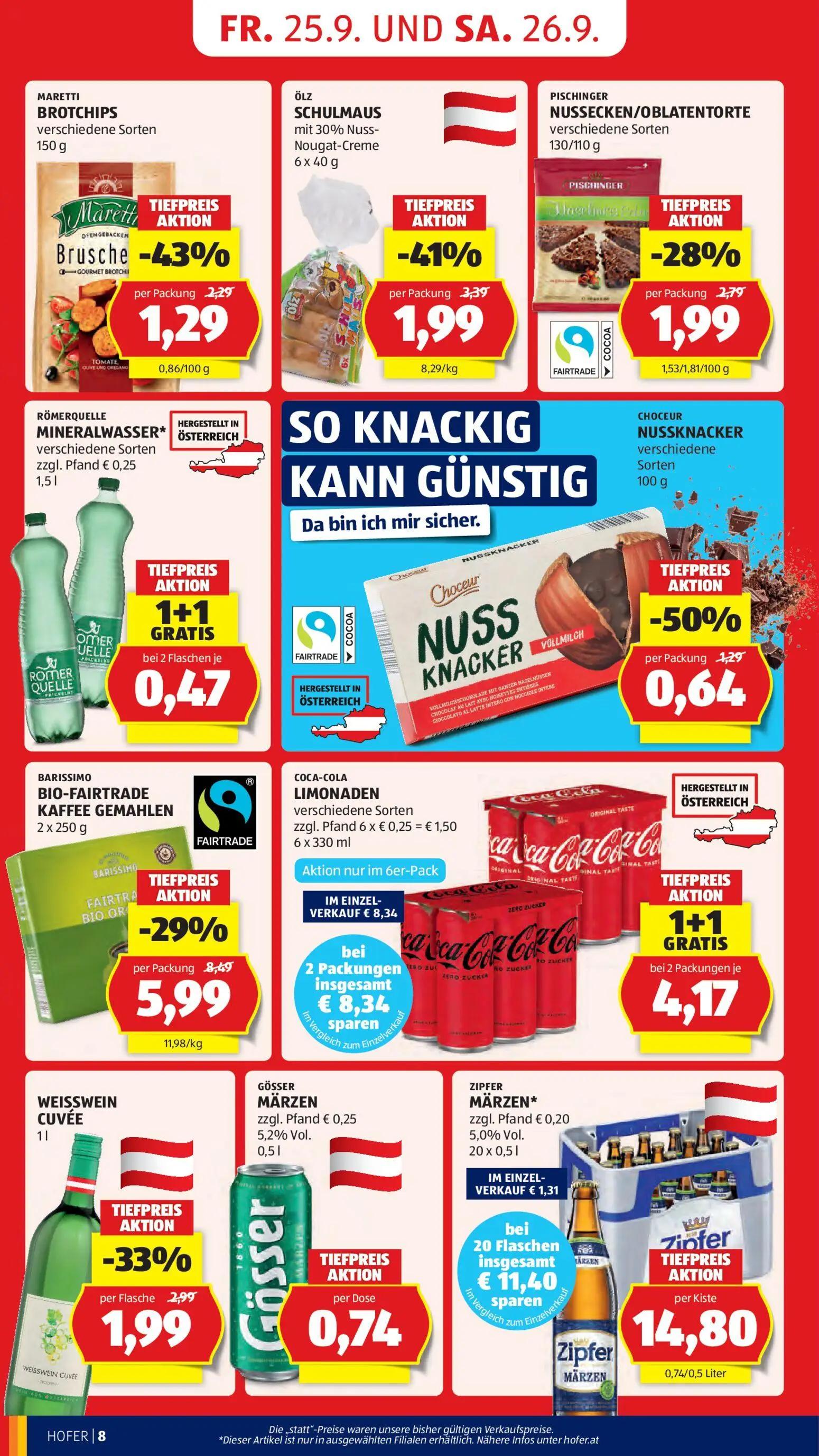Hofer Prospekt, Seite 14 von 49 — BARISSIMO BIO-FAIRTRADE KAFFEE GEMAHLEN, ÖLZ SCHULMAUS mit 30% Nuss-Nougat-Creme, MARETTI …