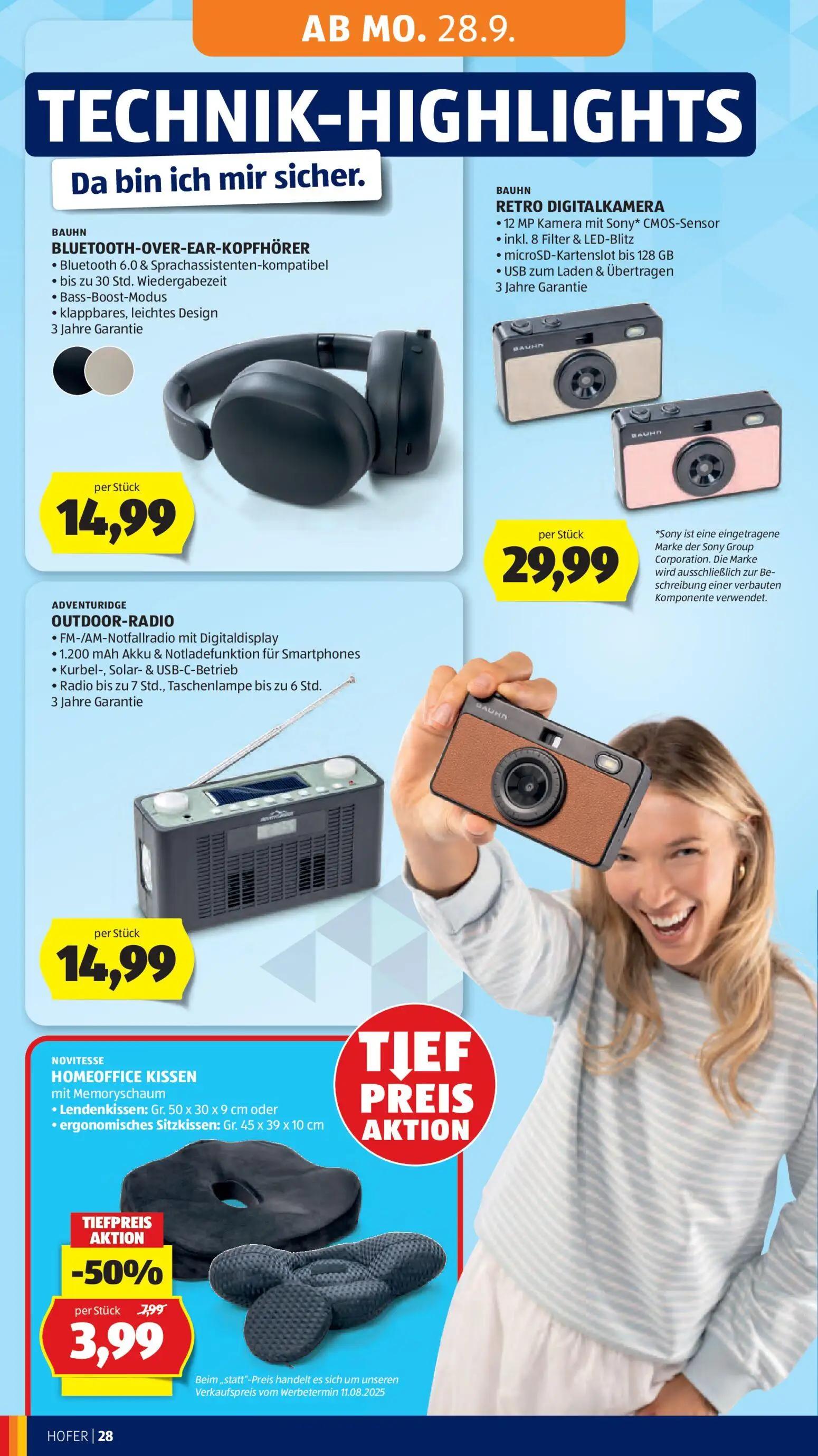Hofer Prospekt, Seite 36 von 49 — HOMEOFFICE KISSEN mit Memoryschaum, BLUETOOTH-OVER-EAR-KOPFHÖRER, RETRO DIGITALKAMERA