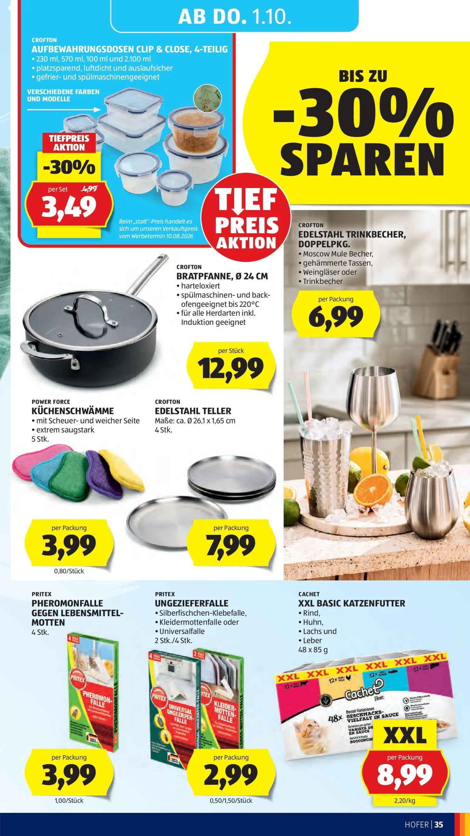 Hofer Prospekt, Seite 43 von 49 — AUFBEWAHRUNGSDOSEN CLIP & CLOSE, 4-TEILIG, BRATPFANNE, Ø 24 CM, EDELSTAHL TRINKBECHER, DOP…