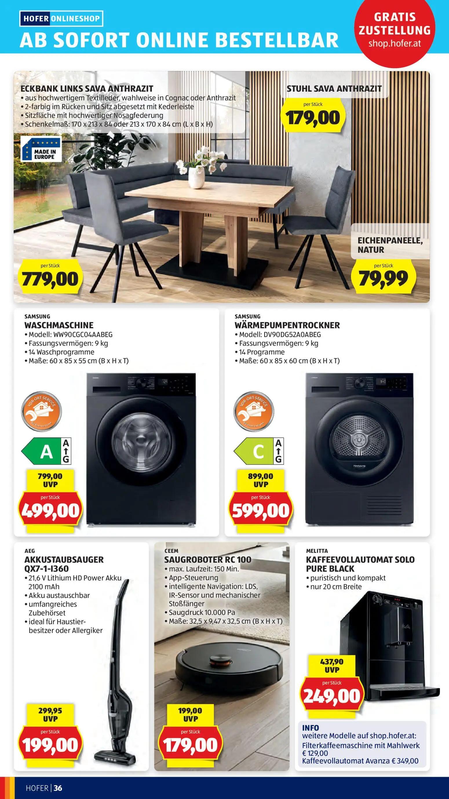 Hofer Prospekt, Seite 44 von 49 — SAMSUNG WASCHMASCHINE, SAMSUNG WÄRMEPUMPENTROCKNER, MELITTA KAFFEEVOLLAUTOMAT SOLO PURE BL…