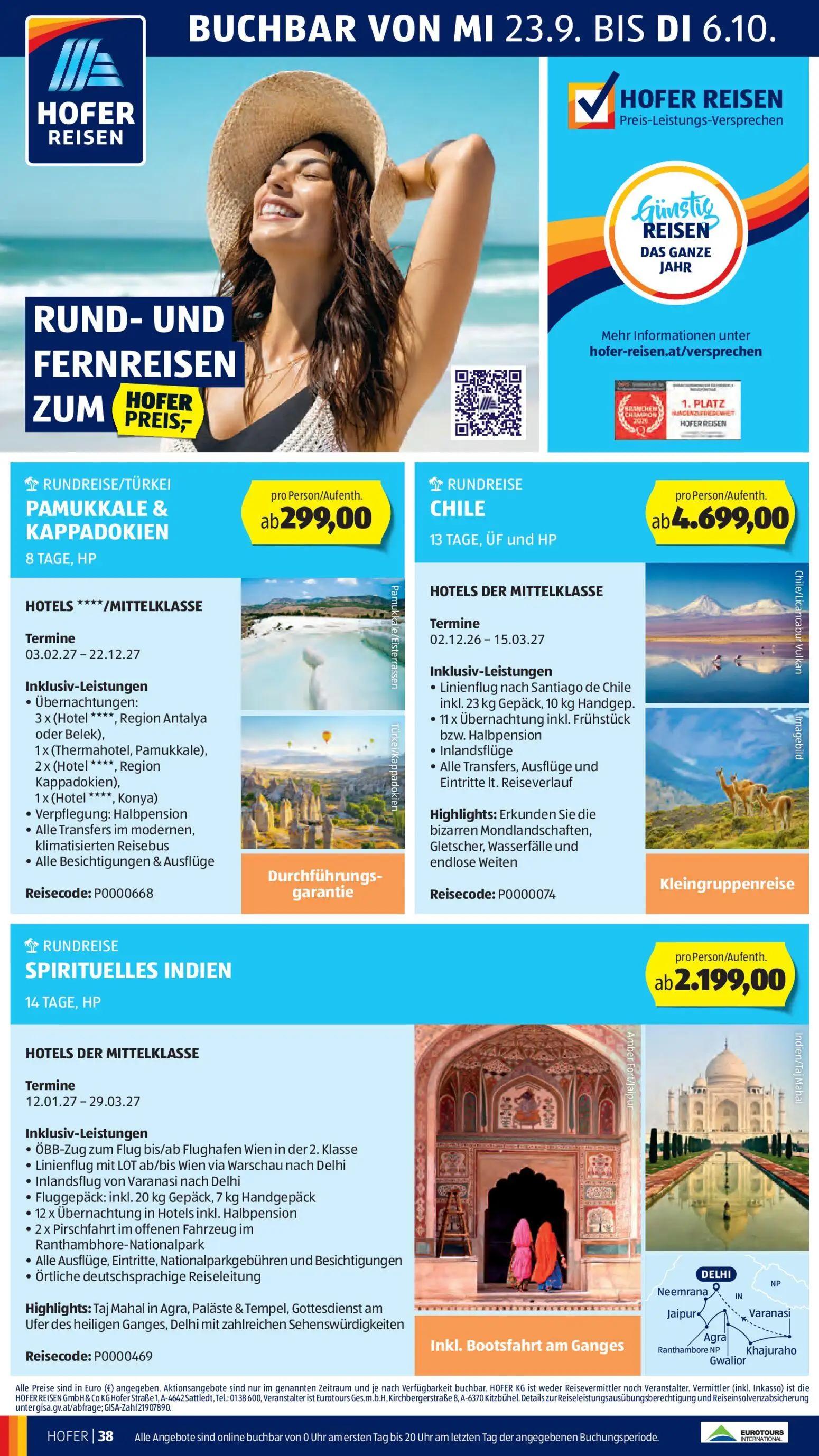 Hofer Prospekt, Seite 46 von 49 — RUNDREISE/TÜRKEI PAMUKKALE & KAPPADOKIEN, RUNDREISE CHILE, RUNDREISE SPIRITUELLES INDIEN