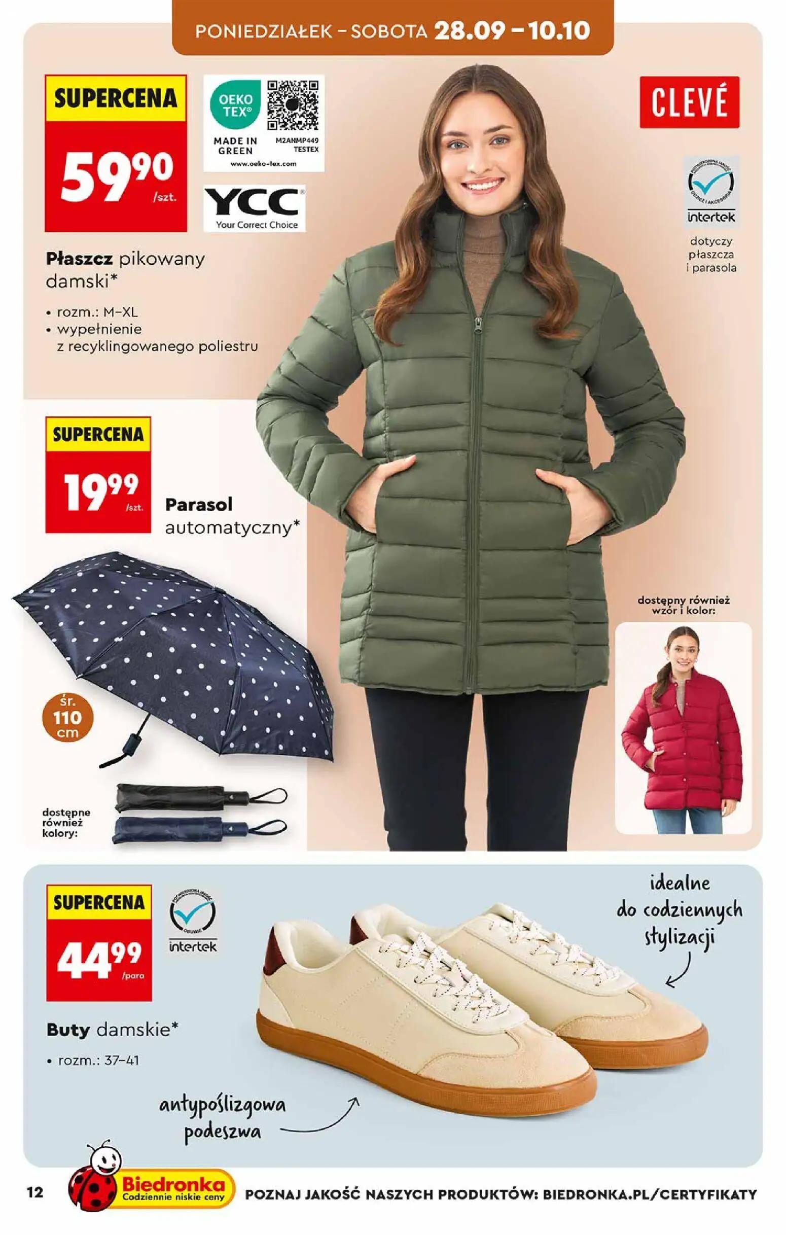 Biedronka gazetka, strona 12 z 48 — Płaszcz pikowany damski*, Parasol automatyczny*, Buty damskie*