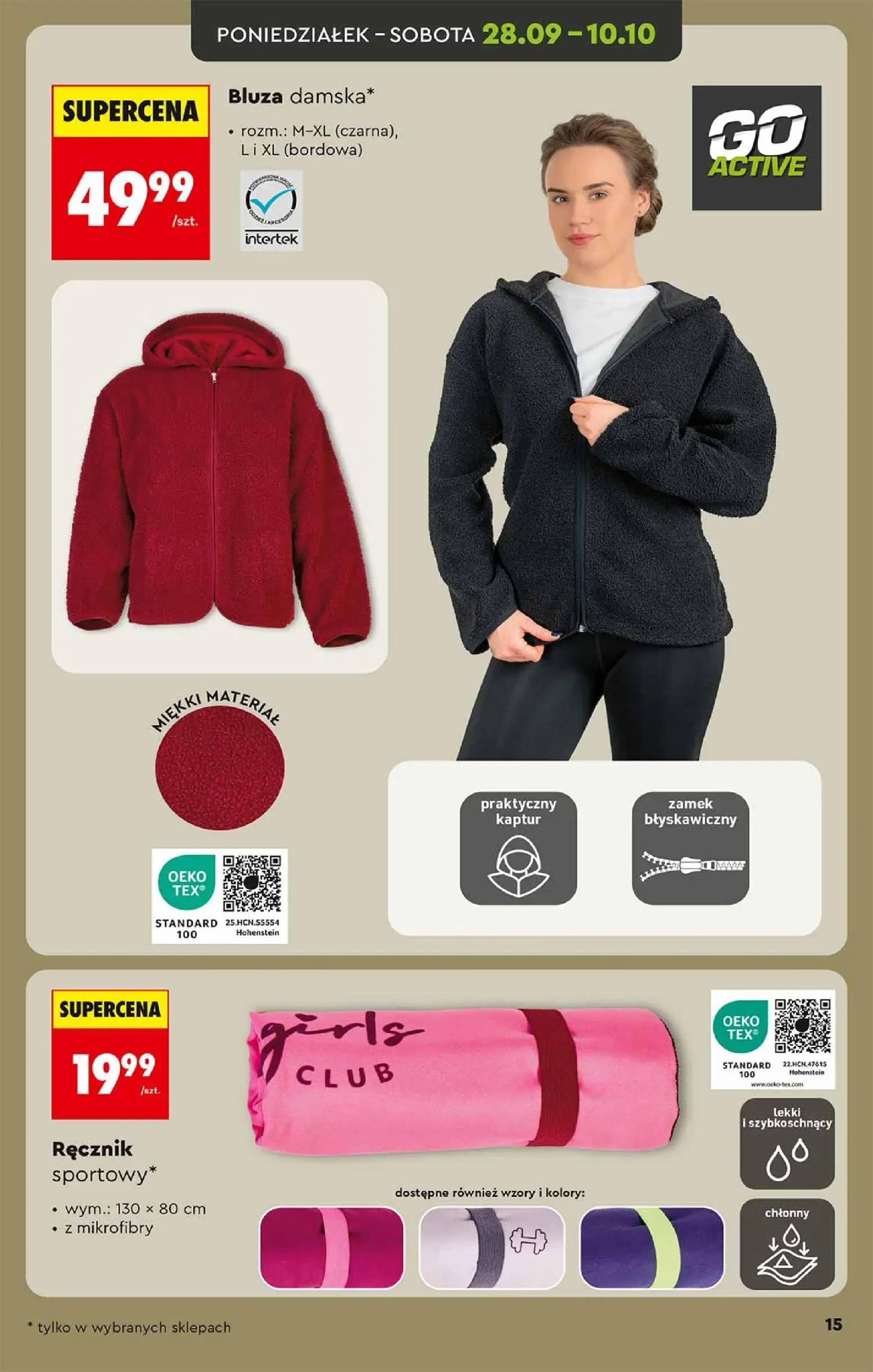 Biedronka gazetka, strona 15 z 48 — Bluza damska*, Ręcznik sportowy*