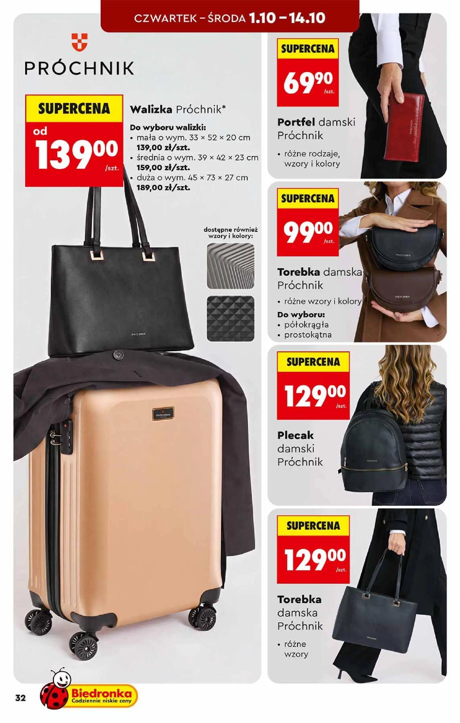 Biedronka gazetka, strona 32 z 48 — Walizka Próchnik, mała o wym. 33 x 52 x 20 cm, średnia o wym. 39 x 42 x 23 cm