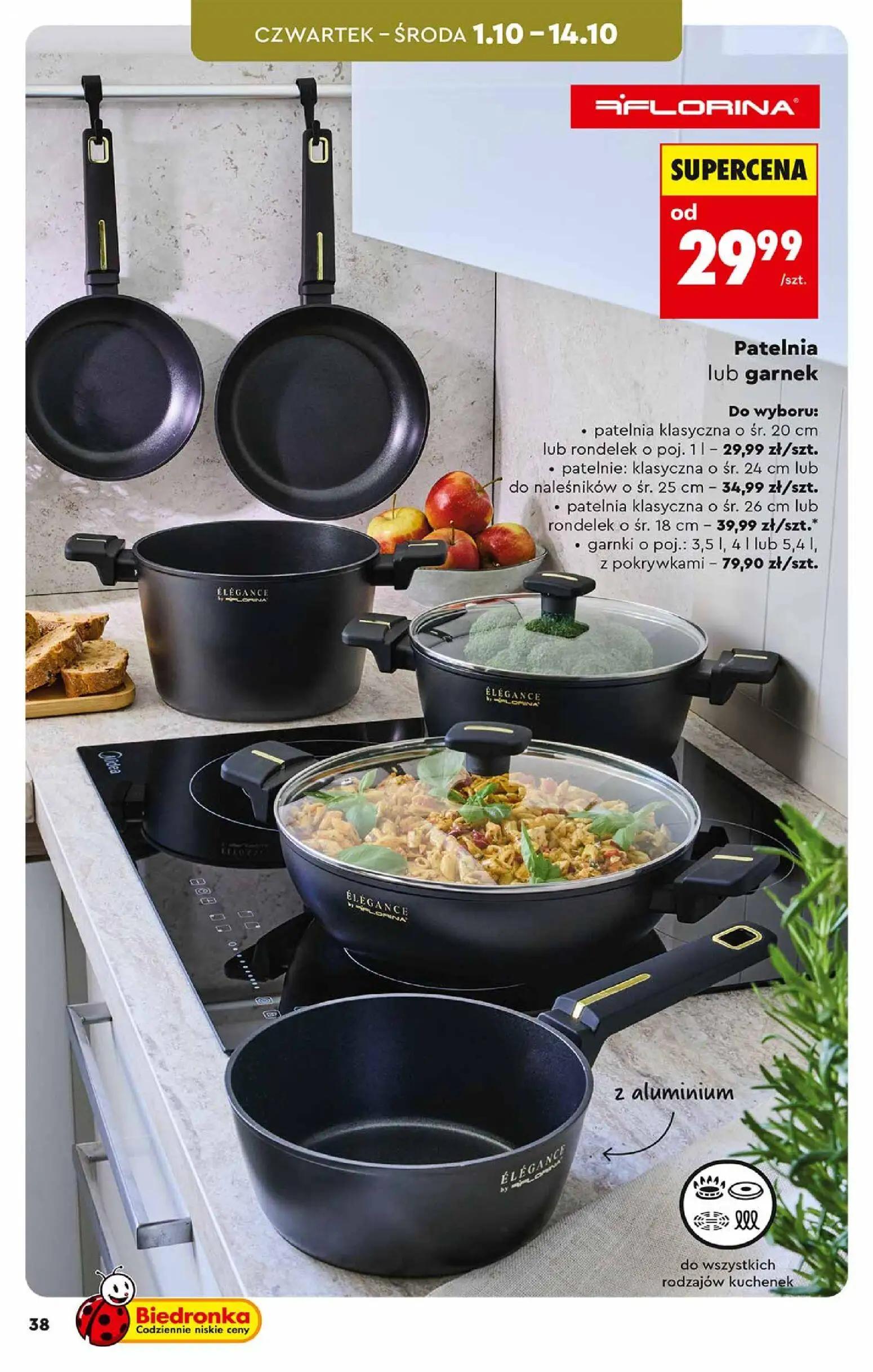 Biedronka gazetka, strona 38 z 48 — Patelnia lub garnek: patelnia klasyczna o śr. 20 cm lub rondelek o poj. 1 l, Patelnie: k…
