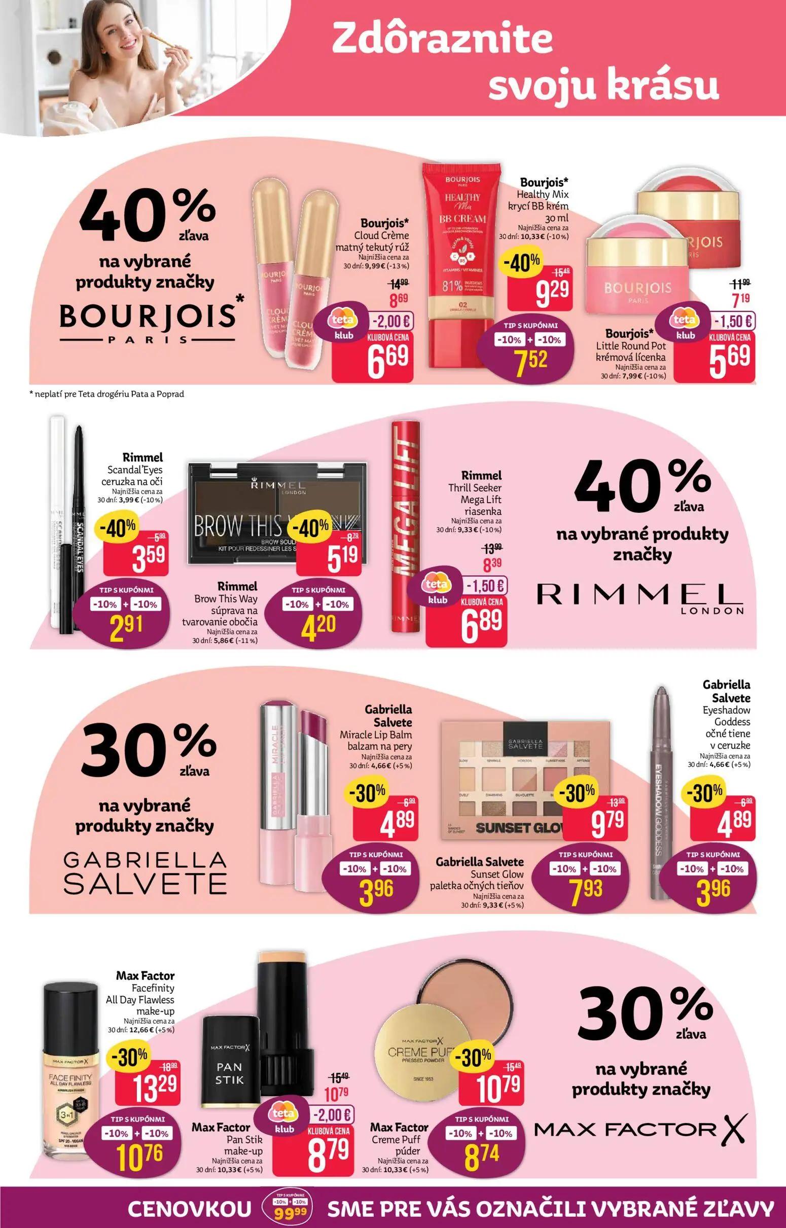 Teta Drogerie leták, strana 2 z 16 — Bourjois* Cloud Crème matný tekutý rúž, Max Factor Facefinity All Day Flawless make-up,…