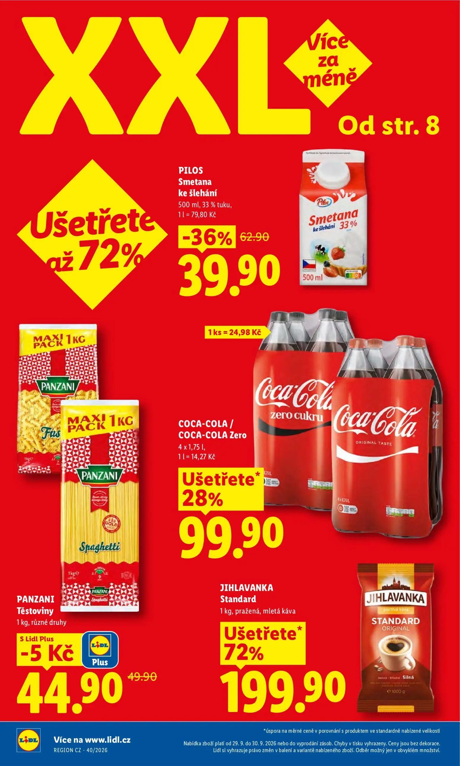 Lidl leták, strana 2 z 50 — JIHLAVANKA Standard pražená, mletá káva, COCA-COLA / COCA-COLA Zero, PILOS Smetana ke šlehání 33%