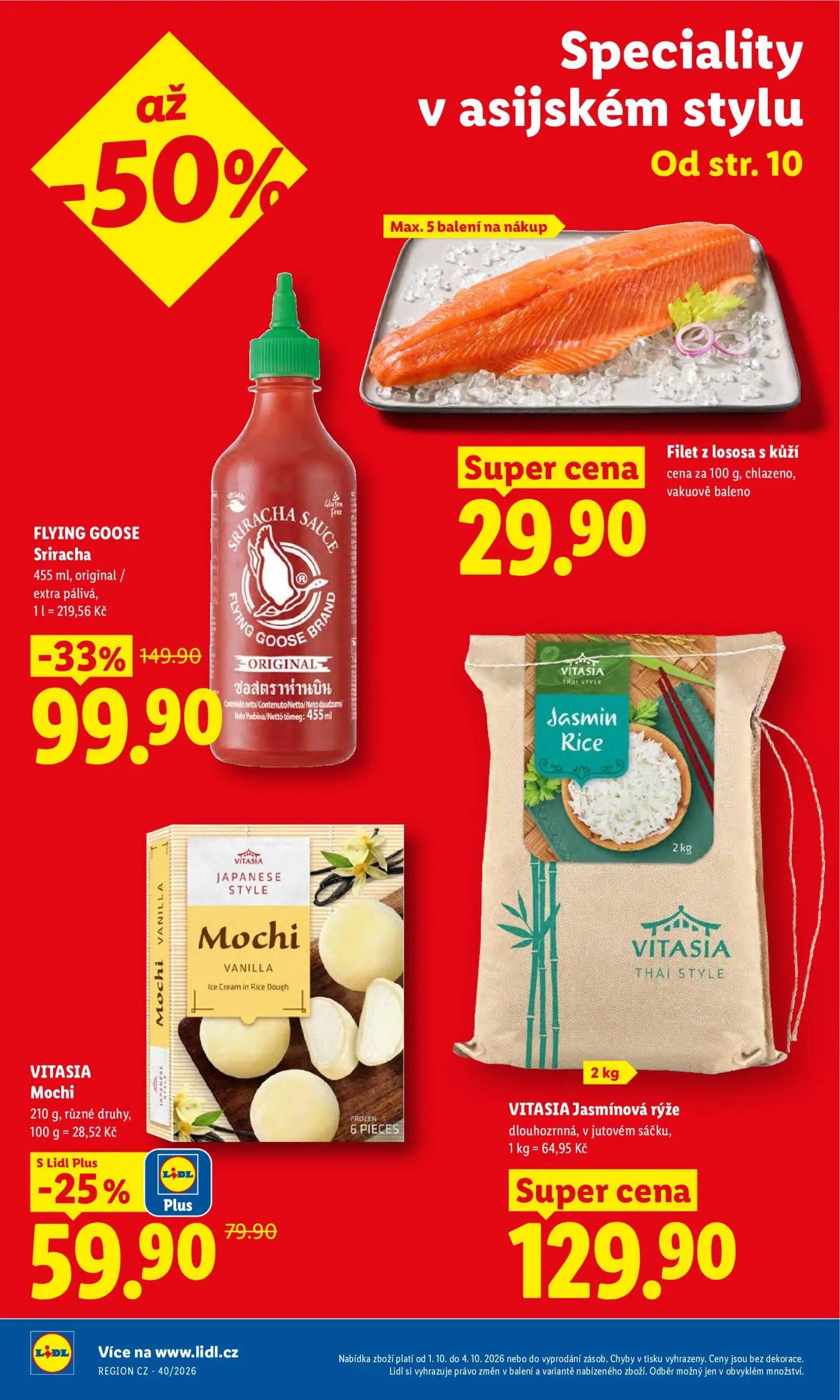 Lidl leták, strana 2 z 55 — FLYING GOOSE Sriracha, VITASIA Mochi, Filet z lososa s kůží
