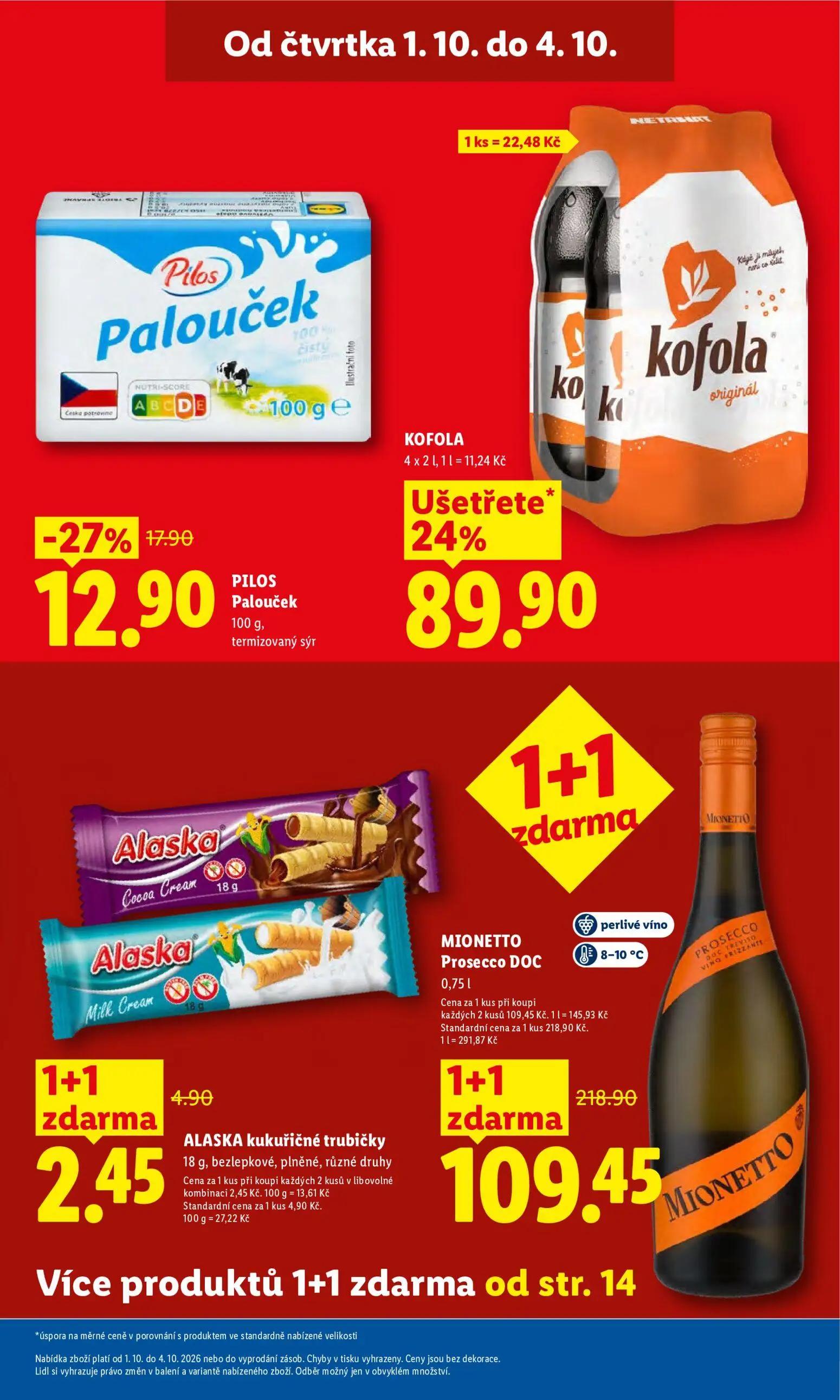 Lidl leták, strana 3 z 55 — Mionetto Prosecco DOC, Kofola originál, Pilos Palouček