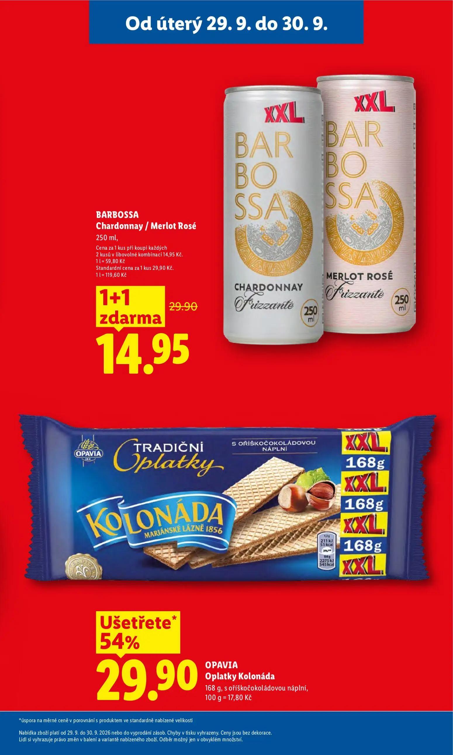 Lidl leták, strana 9 z 50 — OPAVIA Oplatky Kolonáda, s oříškočokoládovou náplní, BARBOSSA Chardonnay / Merlot Rosé