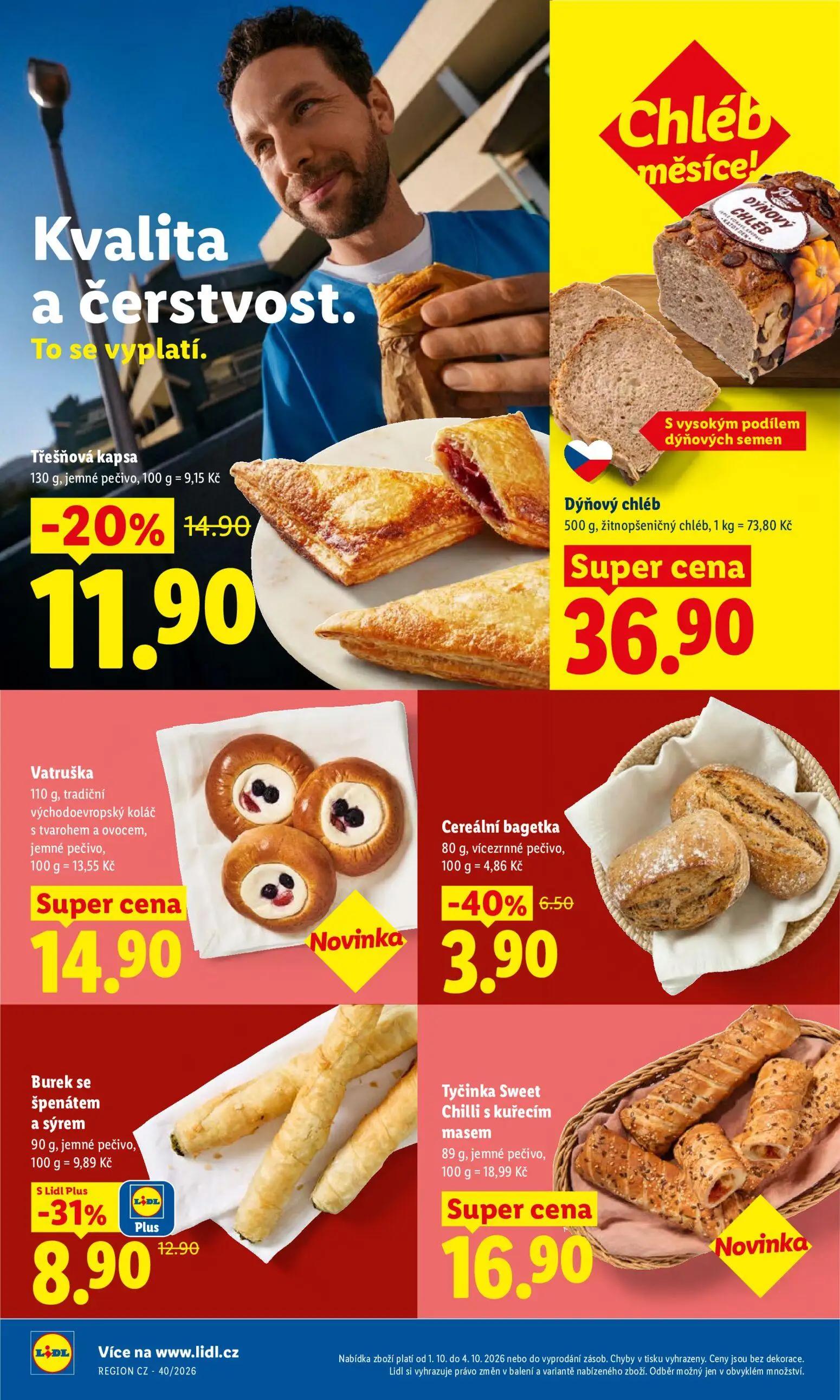 Lidl leták, strana 16 z 55 — Burek se špenátem a sýrem, Třešňová kapsa, Cereální bagetka