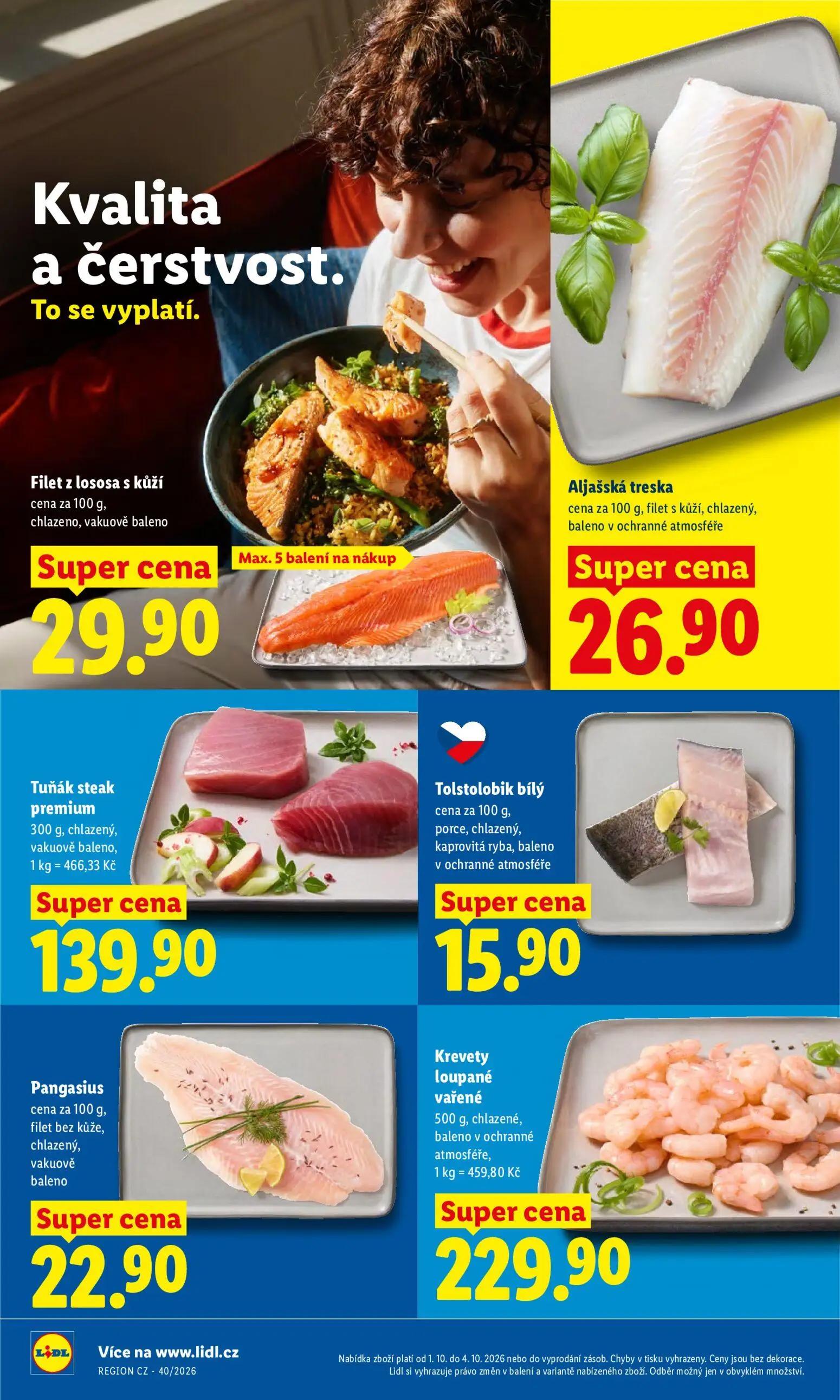 Lidl leták, strana 18 z 55 — Filet z lososa s kůží, Aljašská treska, Tuňák steak premium