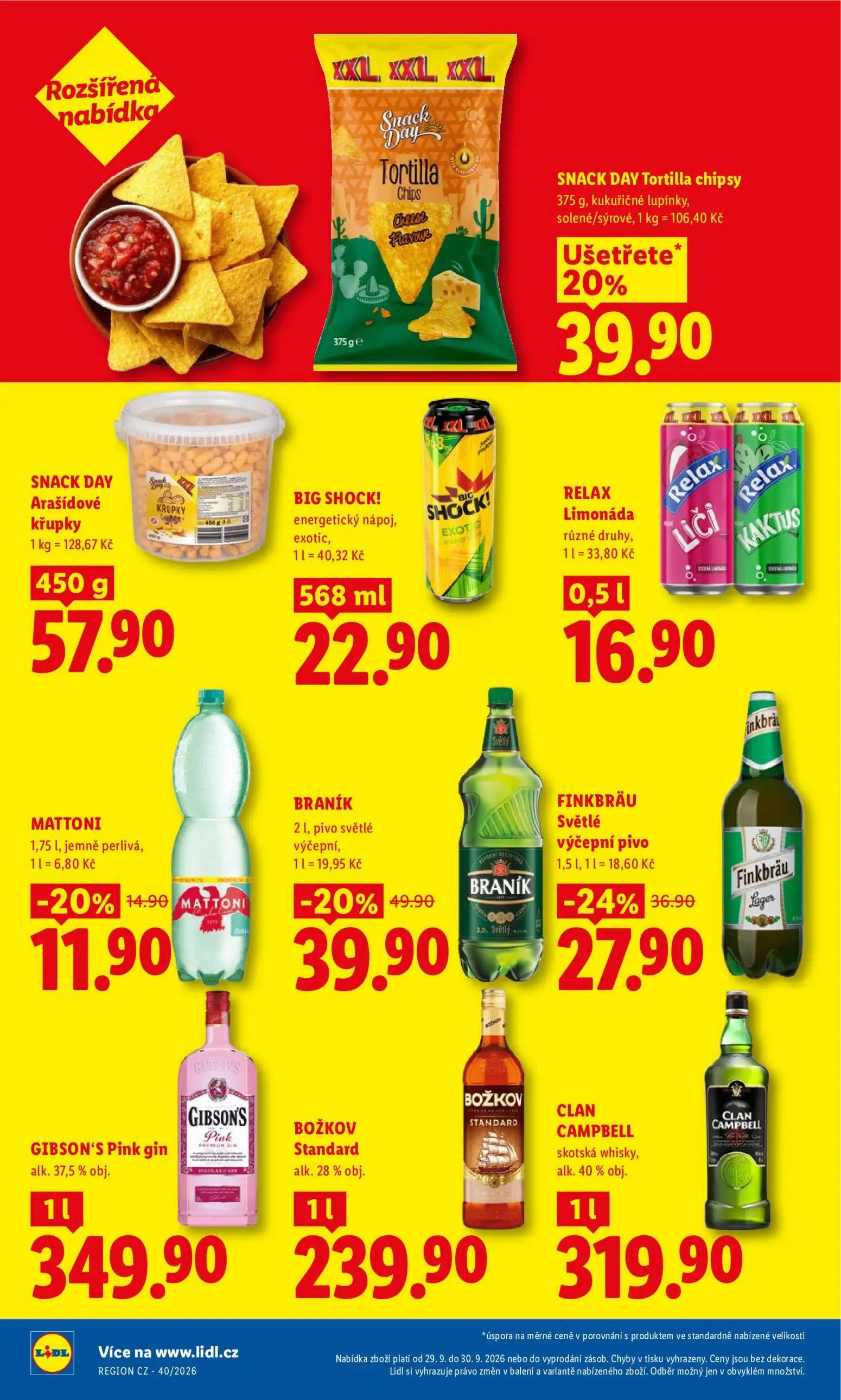 Lidl leták, strana 25 z 50 — BRANÍK pivo světlé výčepní, SNACK DAY Tortilla chipsy, FINKBRÄU Světlé výčepní pivo