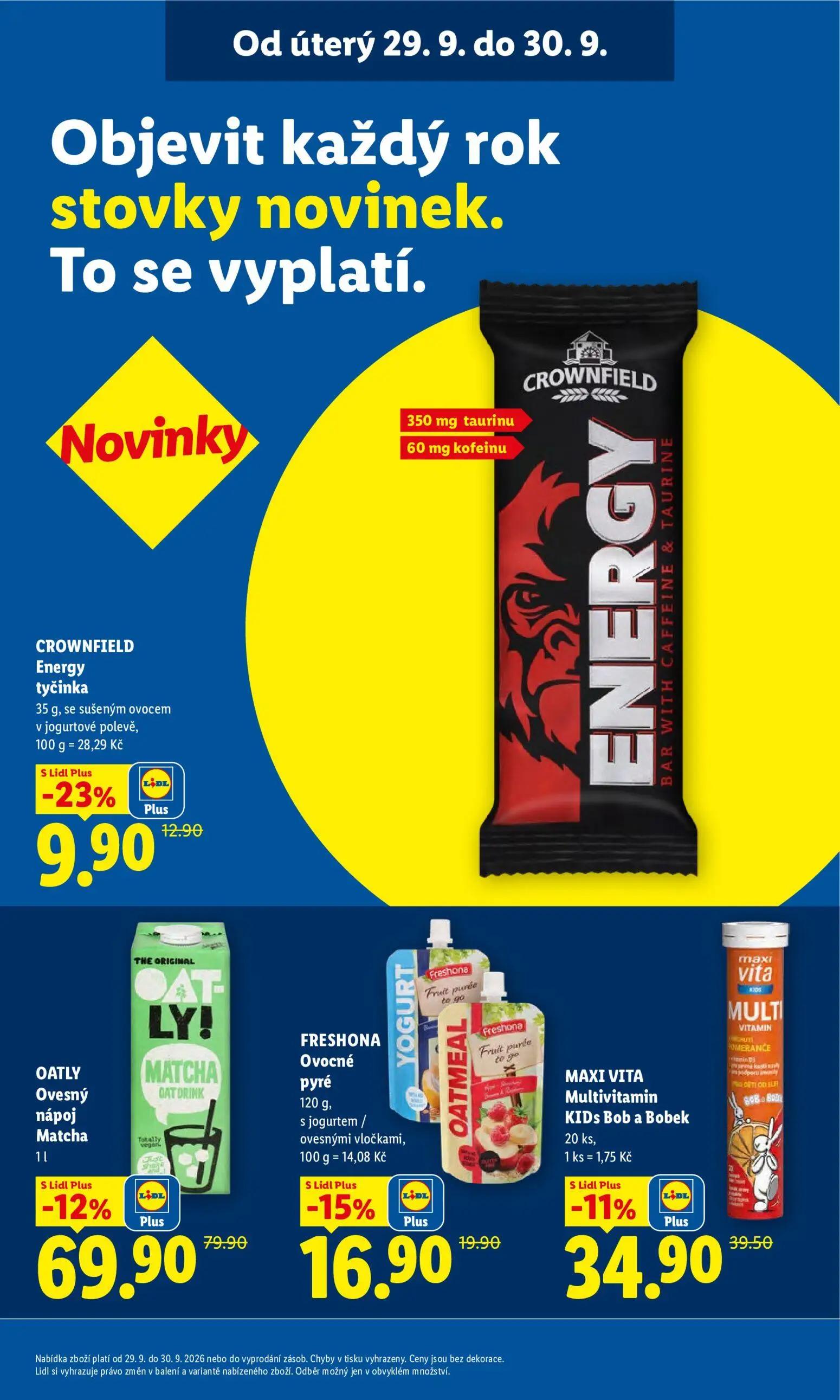 Lidl leták, strana 31 z 50 — OATLY Ovesný nápoj Matcha, MAXI VITA Multivitamin KIDs Bob a Bobek, CROWNFIELD Energy tyčinka