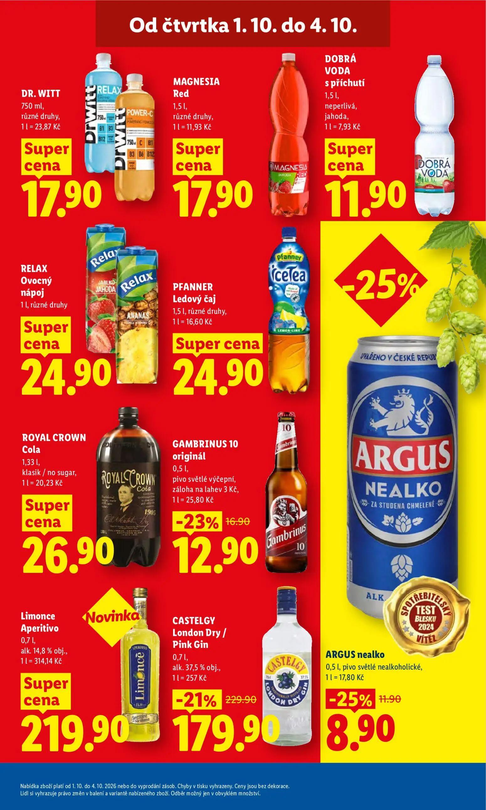 Lidl leták, strana 31 z 55 — CASTELGY London Dry / Pink Gin, GAMBRINUS 10 originál, ARGUS nealko