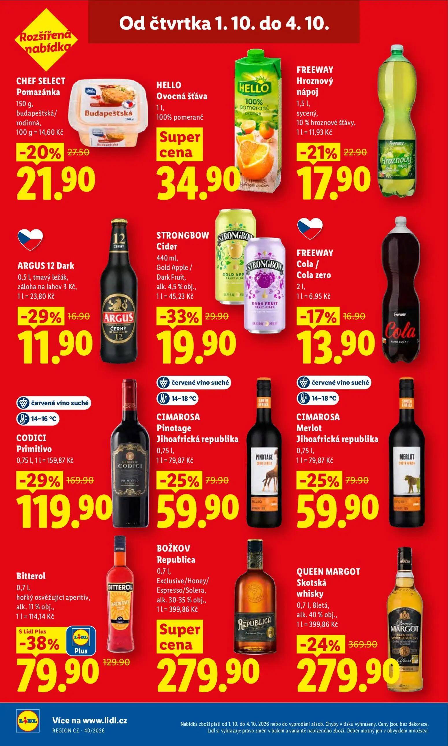 Lidl leták, strana 32 z 55 — QUEEN MARGOT Skotská whisky 8letá, CODICI Primitivo červené víno suché, Bitterol hořký osvěžují…