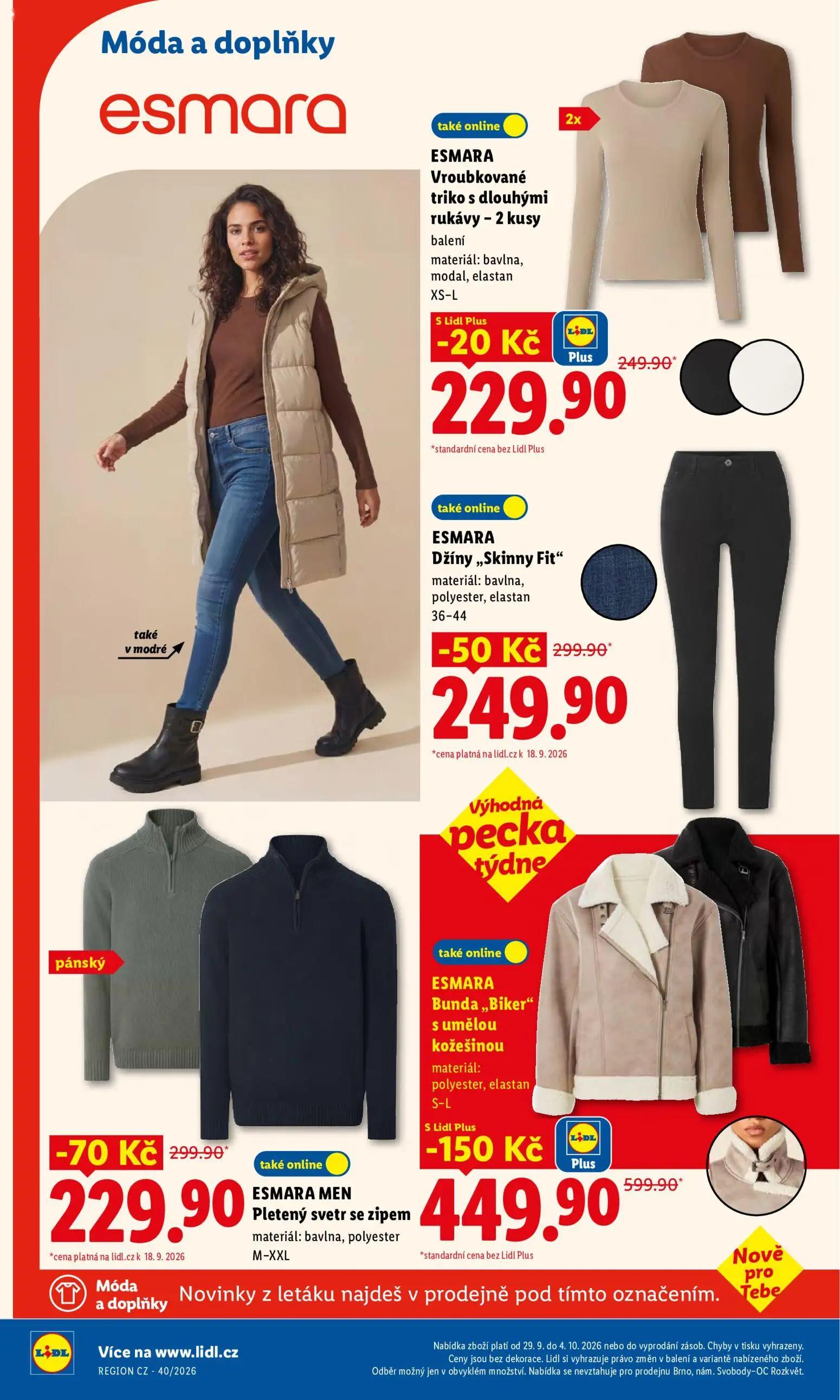 Lidl leták, strana 40 z 50 — ESMARA Bunda „Biker" s umělou kožešinou, ESMARA Pletený svetr se zipem, ESMARA Džíny „Skinny Fi…