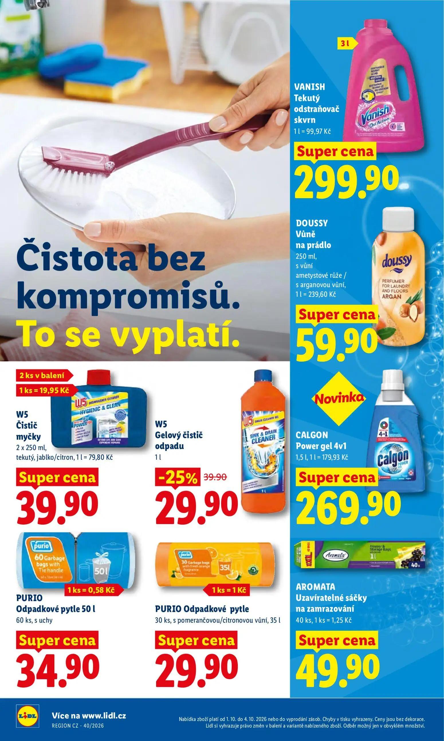 Lidl leták, strana 36 z 55 — W5 Gelový čistič odpadu, VANISH Tekutý odstraňovač skvrn, DOUSSY Vůně na prádlo s vůní ametysto…