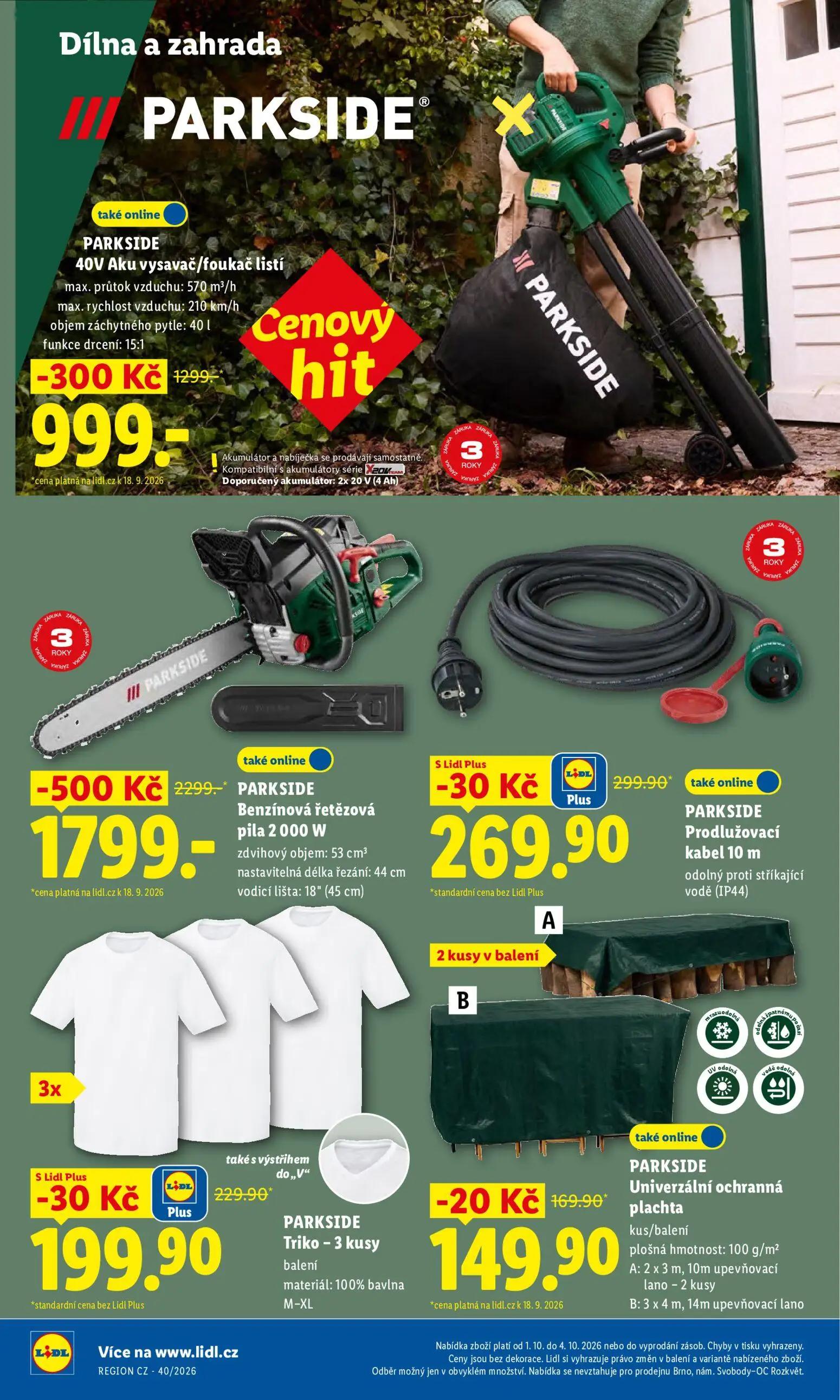 Lidl leták, strana 42 z 55 — PARKSIDE Benzínová řetězová pila 2 000 W, PARKSIDE 40V Aku vysavač/foukač listí, PARKSIDE Prodl…