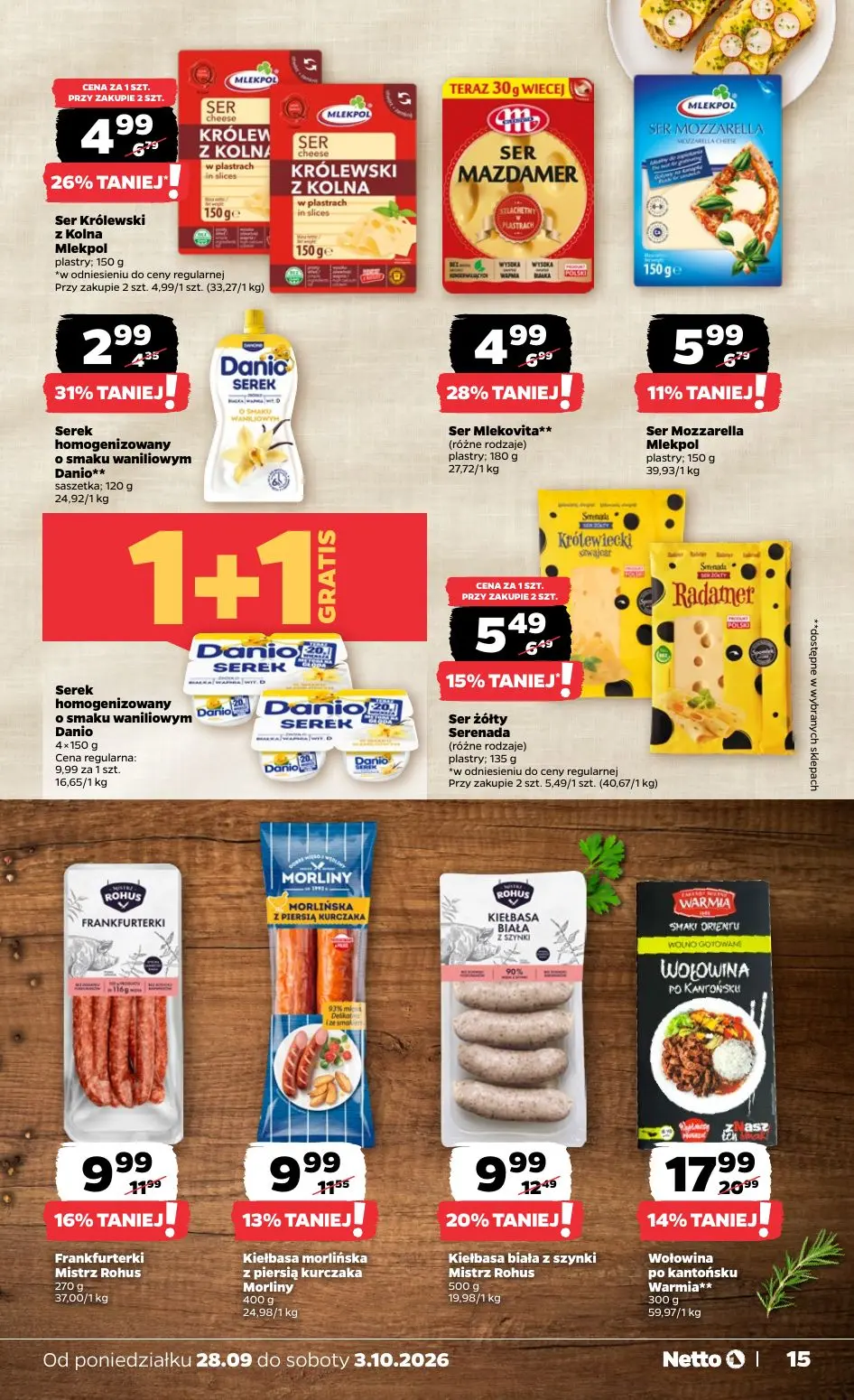 NETTO gazetka, strona 15 z 36 — Wołowina po kantońsku Warmia**, Kiełbasa biała z szynki Mistrz Rohus, Ser Mlekovita**