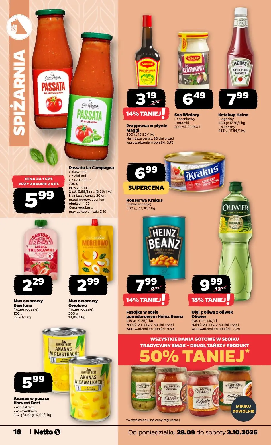 NETTO gazetka, strona 18 z 36 — Olej z oliwą z oliwek Oliwier, Passata La Campagna, Fasolka w sosie pomidorowym Heinz Beanz