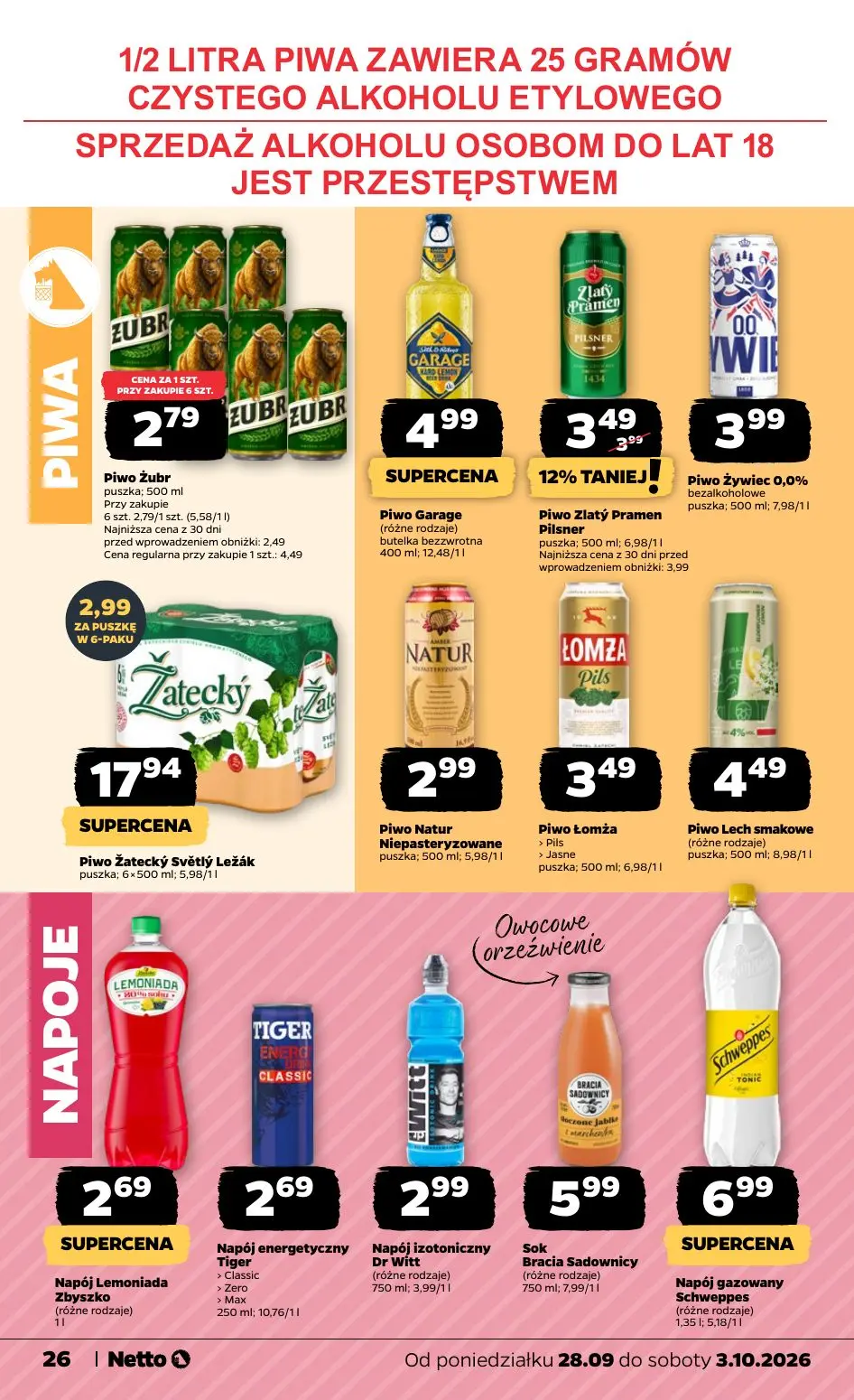 NETTO gazetka, strona 26 z 36 — Piwo Żubr, Piwo Zlatý Pramen Pilsner, Piwo Garage