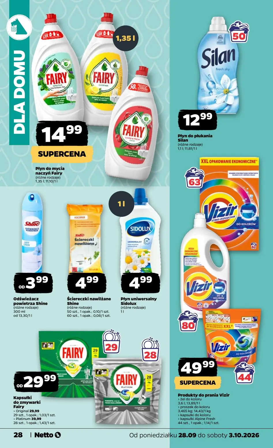 NETTO gazetka, strona 28 z 36 — Kapsułki do zmywarki Fairy Platinum, Płyn do mycia naczyń Fairy, Płyn do płukania Silan