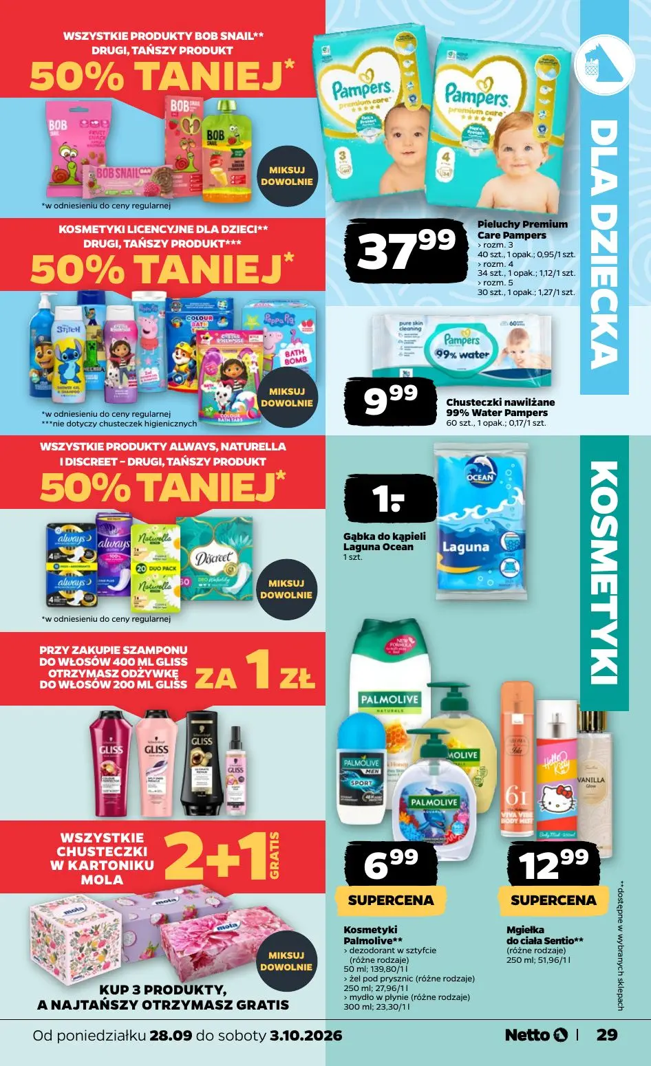 NETTO gazetka, strona 29 z 36 — Pieluchy Premium Care Pampers, Chusteczki nawilżane 99% Water Pampers, Gąbka do kąpieli Lagu…