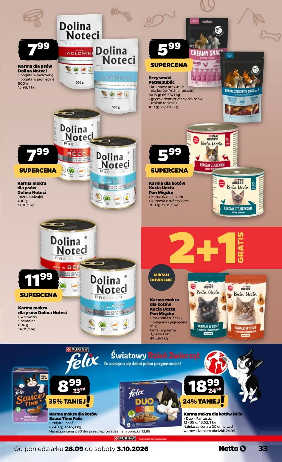 NETTO gazetka, strona 33 z 36 — Karma mokra dla kotów Felix, Karma mokra dla kotów Sauce Time Felix, Karma dla psów Dolina N…