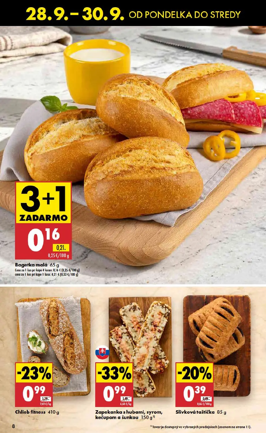 Biedronka leták, strana 8 z 11 — Zapekanka s hubami, syrom, kečupom a šunkou, Chlieb fitness, Slivková taštička