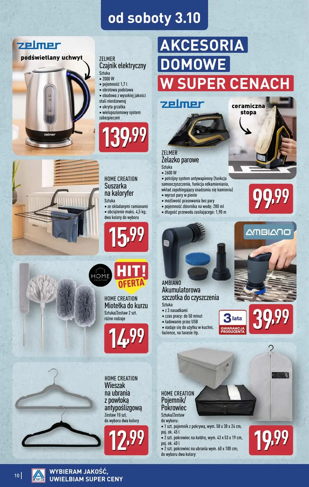 ALDI gazetka, strona 10 z 14 — Zelmer Czajnik elektryczny, ZELMER Zelazko parowe, HOME CREATION Suszarka na kaloryfer