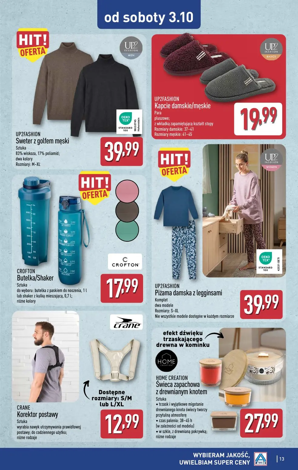 ALDI gazetka, strona 13 z 14 — Sweter z golfem męski, Kapcie damskie/męskie, Butelka/Shaker