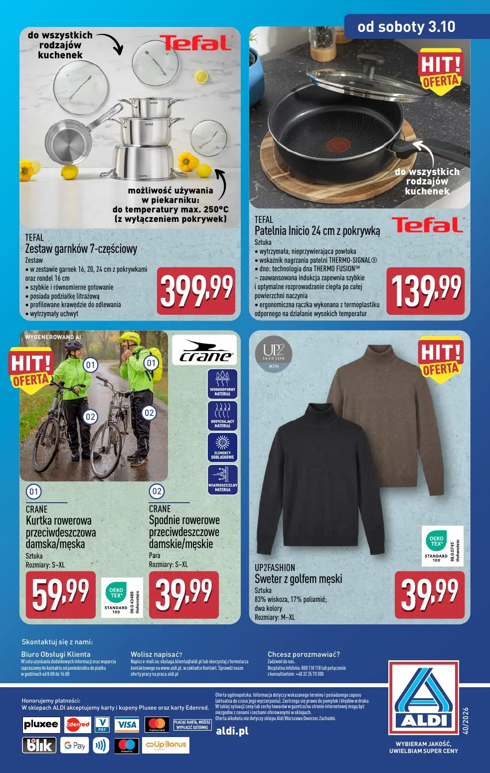 ALDI gazetka, strona 14 z 14 — TEFAL Zestaw garnków 7-częściowy, TEFAL Patelnia Inicio 24 cm z pokrywką, CRANE Kurtka rowero…