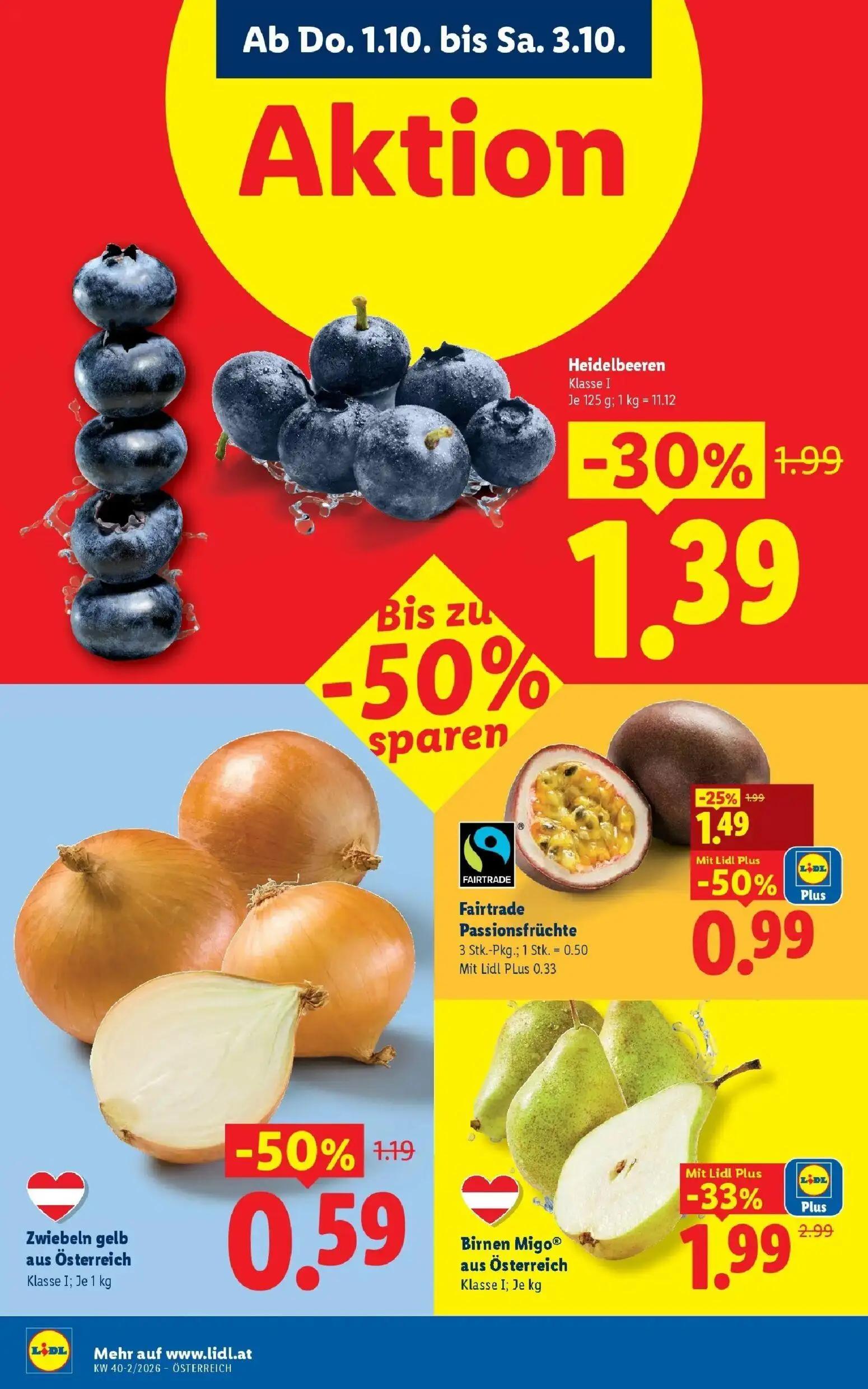 Lidl Prospekt, Seite 4 von 53 — Passionsfrüchte, Birnen Migo® aus Österreich Klasse I, Heidelbeeren Klasse I