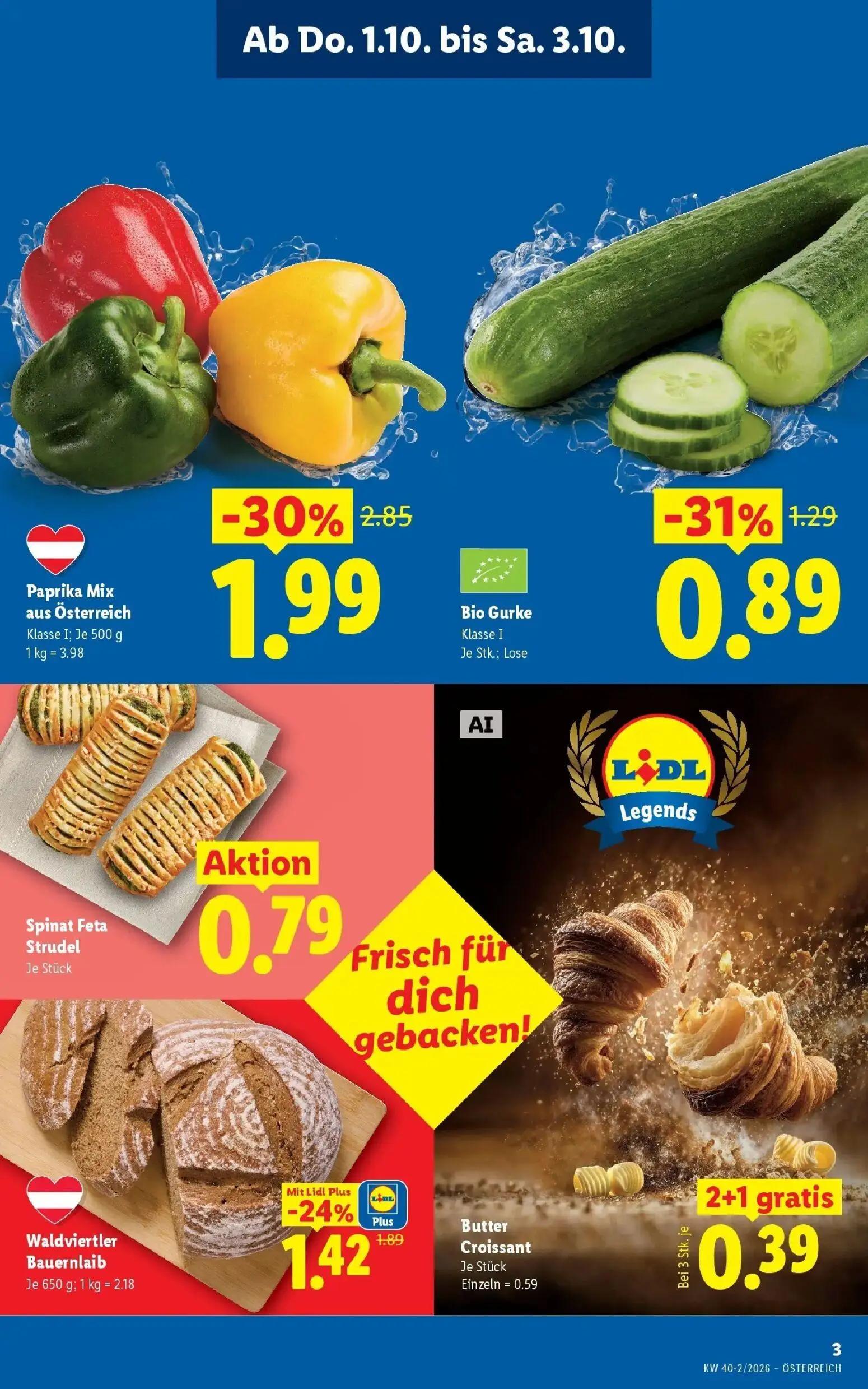 Lidl Prospekt, Seite 5 von 53 — Paprika Mix aus Österreich, Waldviertler Bauernlaib, Bio Gurke