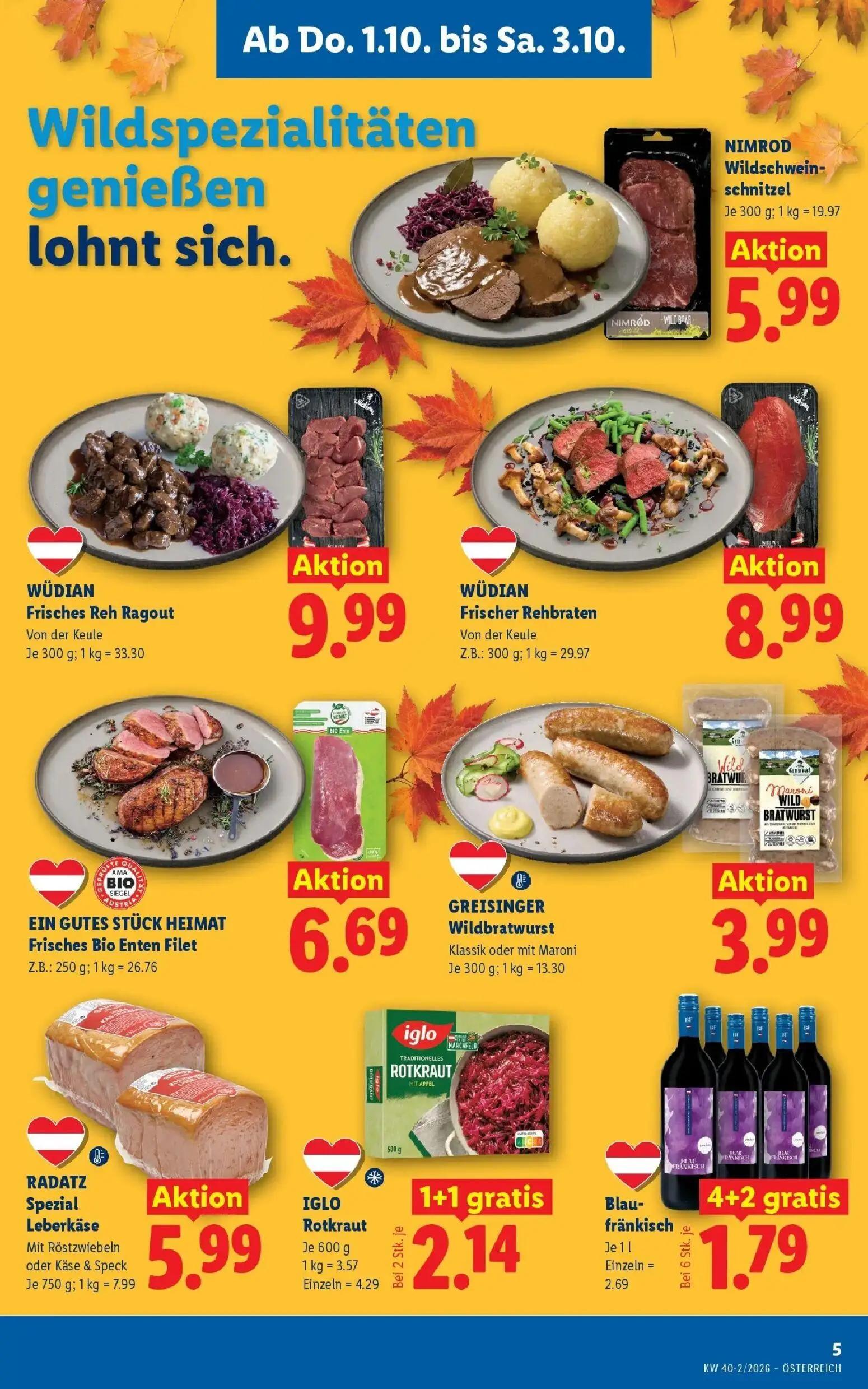 Lidl Prospekt, Seite 7 von 53 — IGLO Rotkraut, Blau-fränkisch, NIMROD Wildschwein-schnitzel